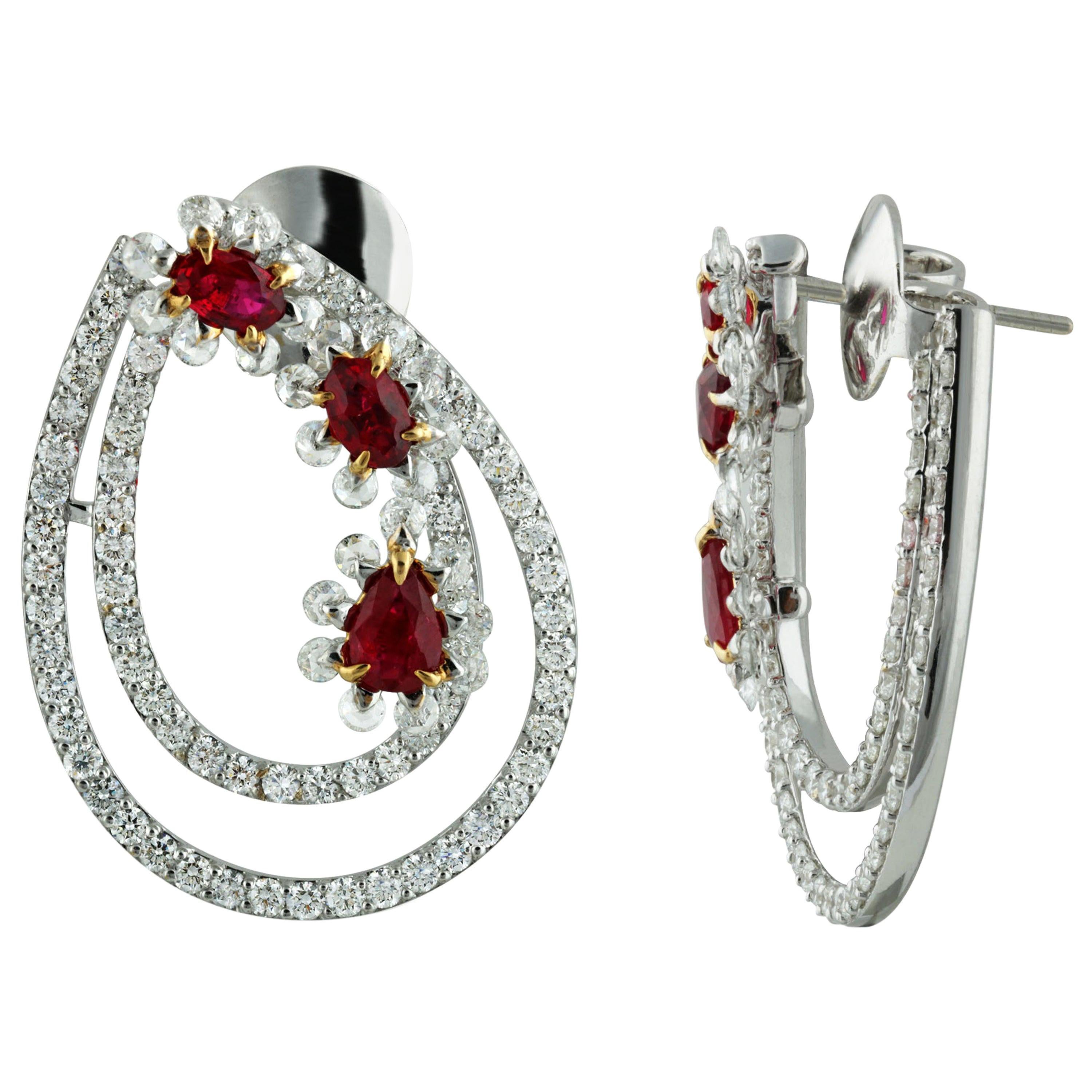 Studio Rêves Ruby and Diamond Earrings in 18 Karat Gold For Sale