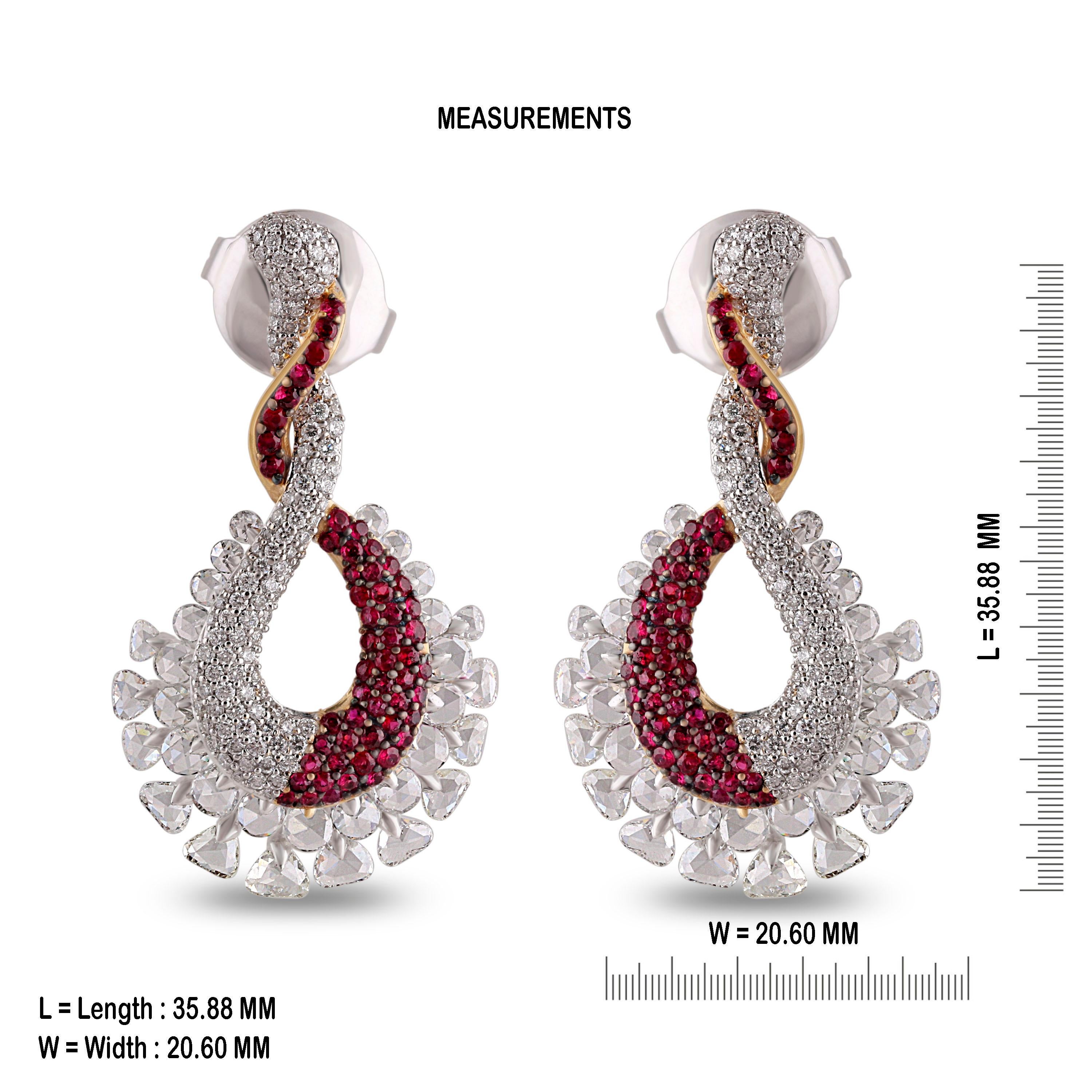 Rose Cut Studio Rêves Ruby and Diamond Studded Dangling Earrings in 18K Gold For Sale