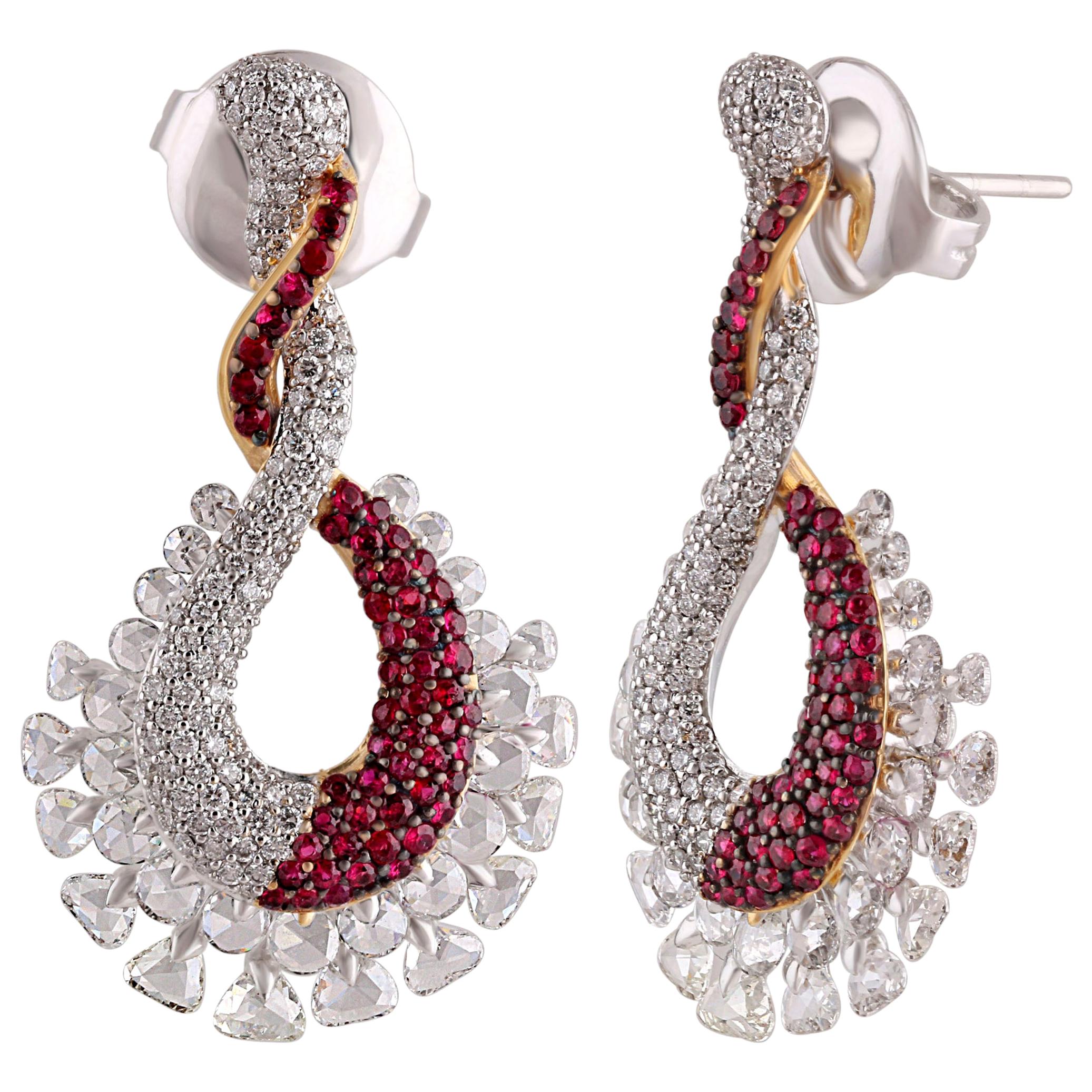 Women's Studio Rêves Ruby and Diamond Studded Dangling Earrings in 18K Gold For Sale