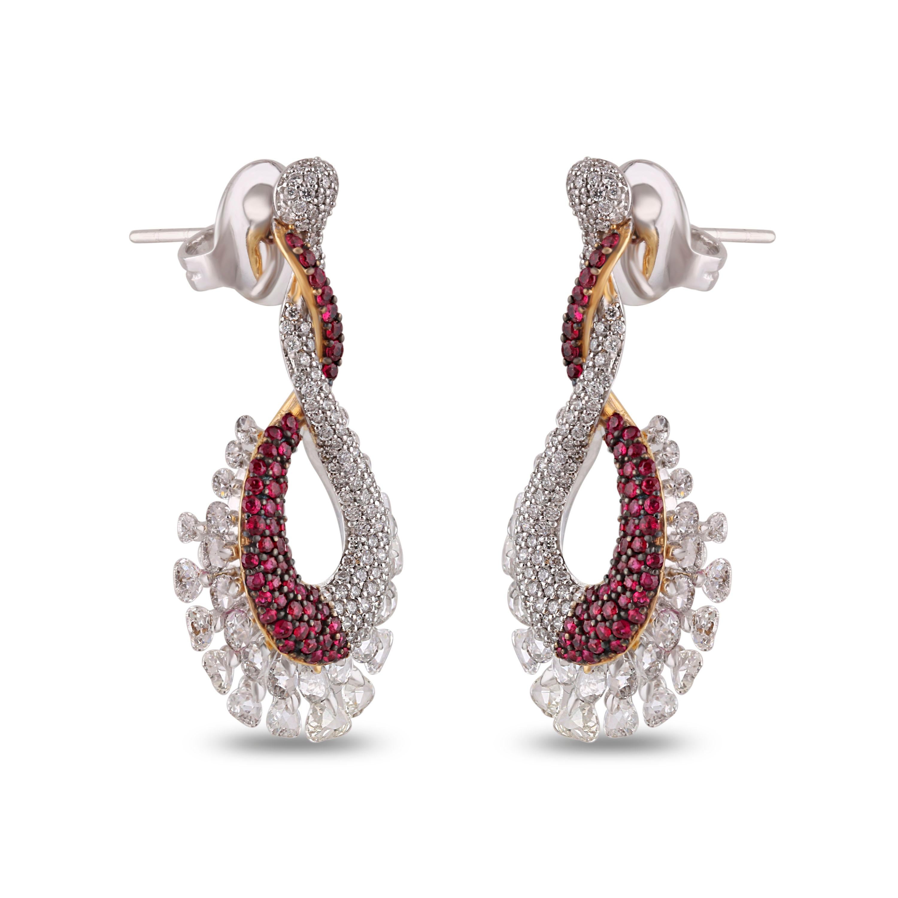 Studio Rêves Ruby and Diamond Studded Dangling Earrings in 18K Gold For Sale 1