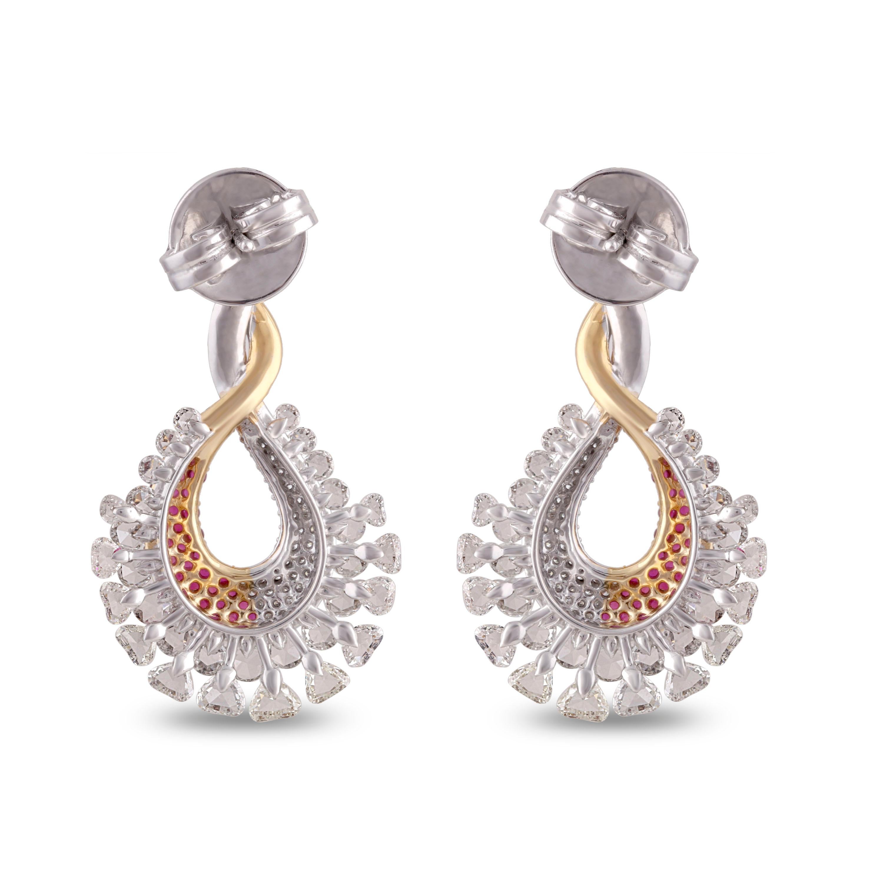 Studio Rêves Ruby and Diamond Studded Dangling Earrings in 18K Gold For Sale 2