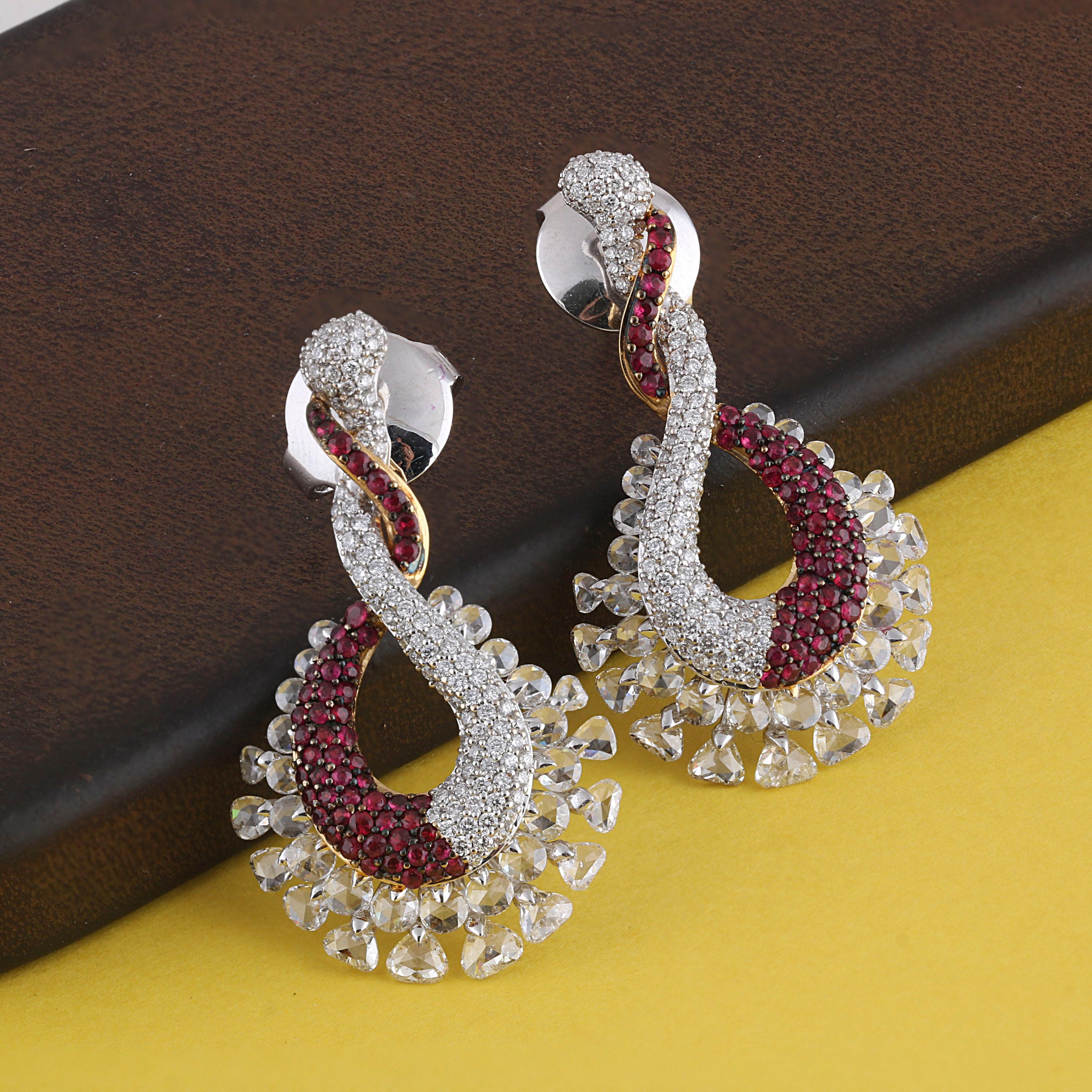 Studio Rêves Ruby and Diamond Studded Dangling Earrings in 18K Gold For Sale 3