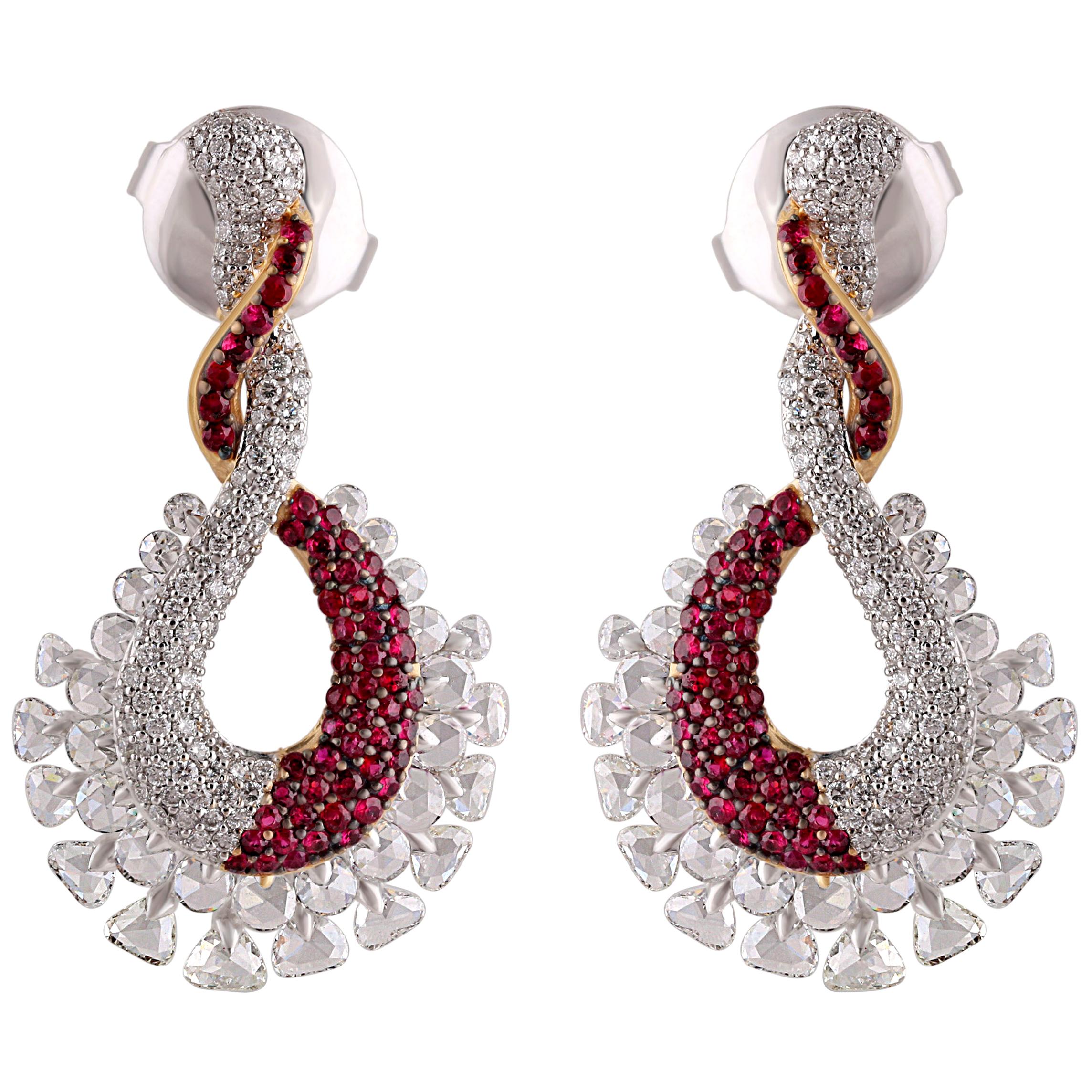 Studio Rêves Ruby and Diamond Studded Dangling Earrings in 18K Gold For Sale