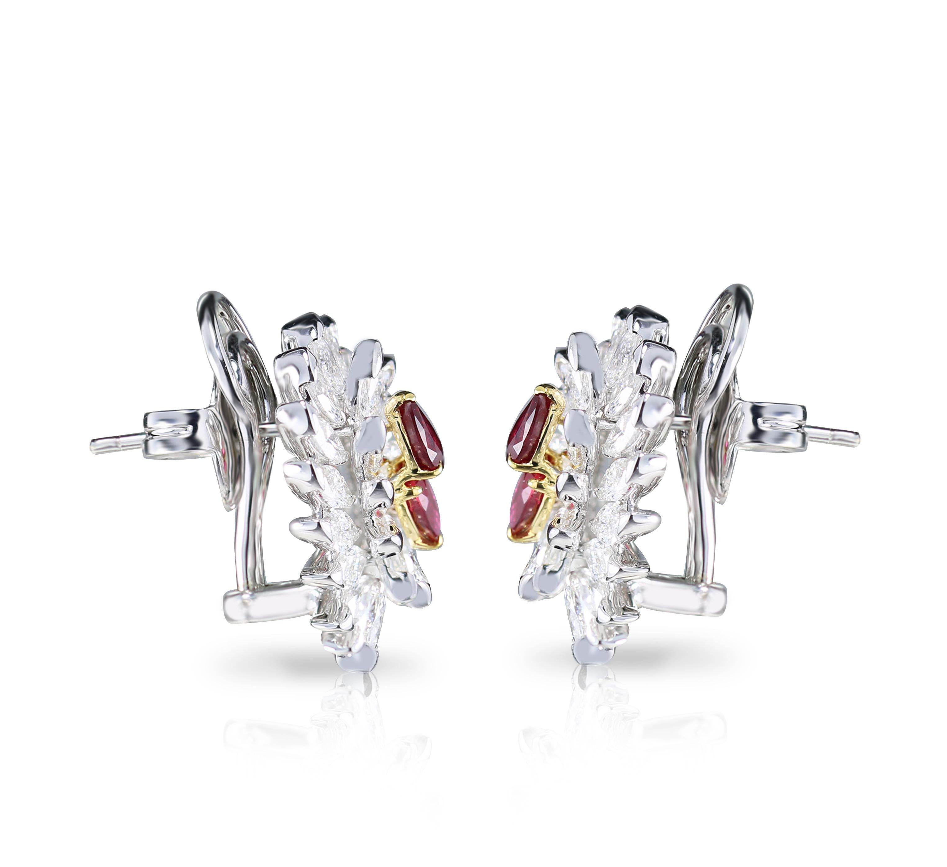 Contemporary Studio Rêves Ruby and Marquise Diamond Stud Earrings in 18 Karat Gold For Sale