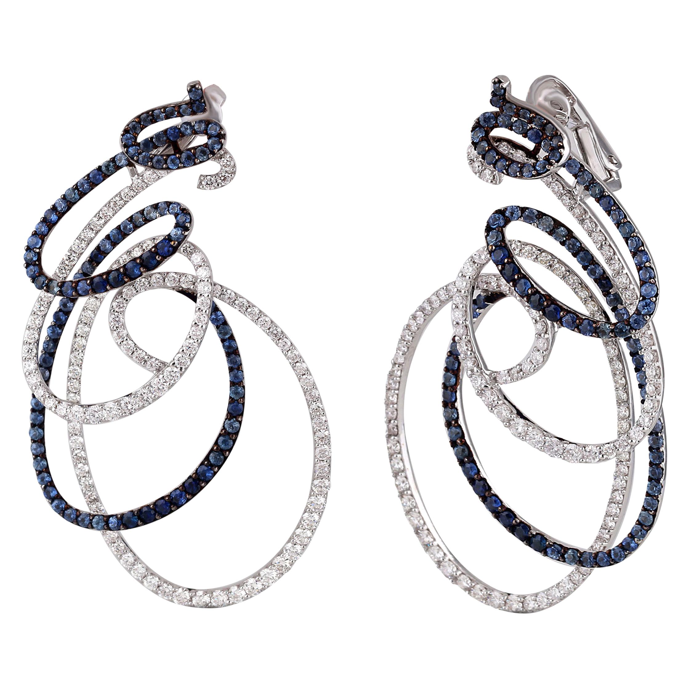 Studio Rêves Spiral Blue Sapphire and Diamond Dangling Earrings in 18 Karat Gold For Sale