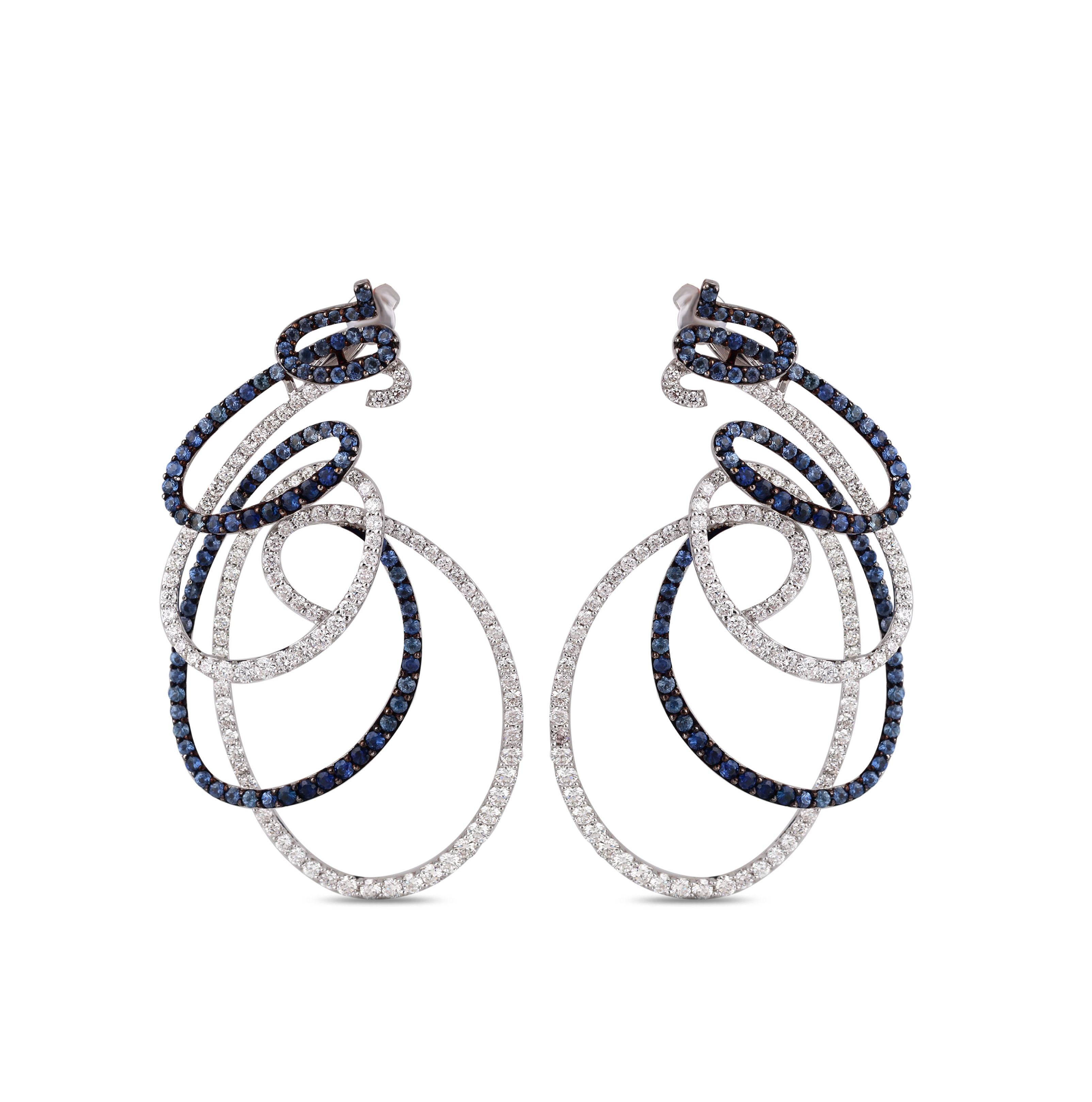 Contemporary Studio Rêves Spiral Blue Sapphire and Diamond Dangling Earrings in 18 Karat Gold For Sale