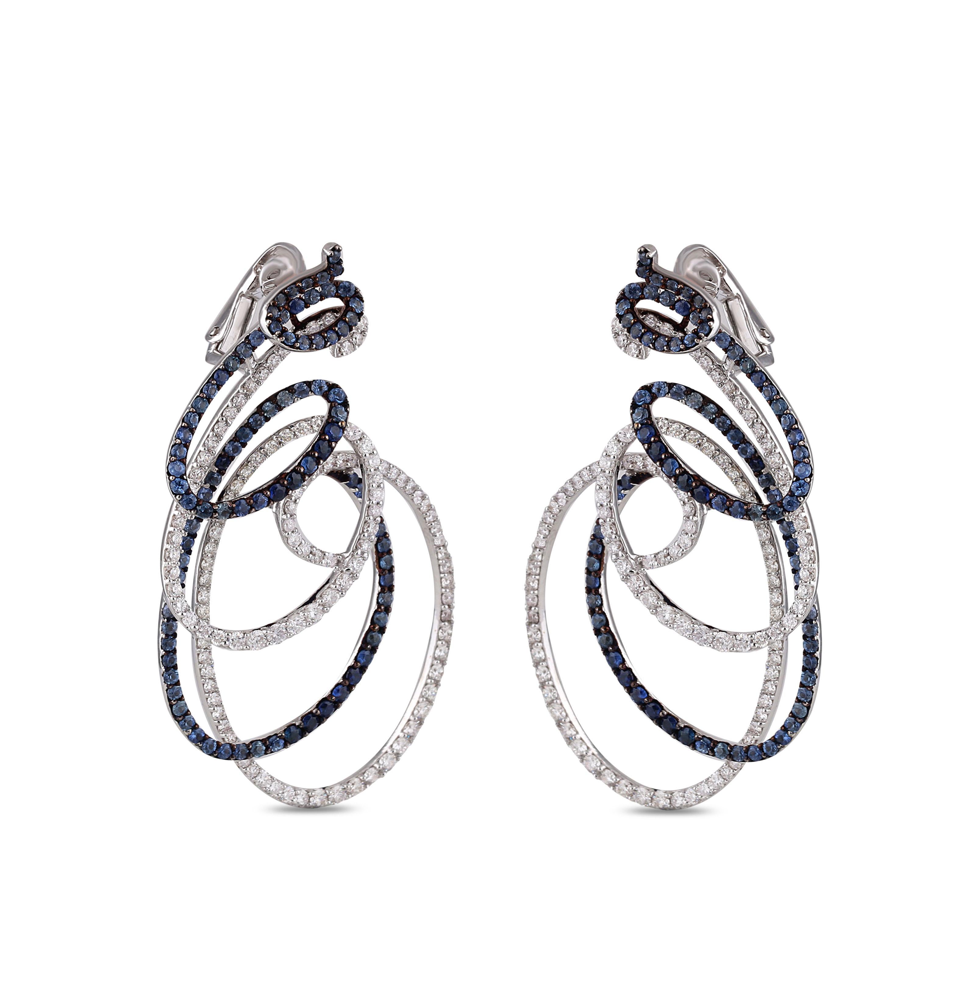Round Cut Studio Rêves Spiral Blue Sapphire and Diamond Dangling Earrings in 18 Karat Gold For Sale