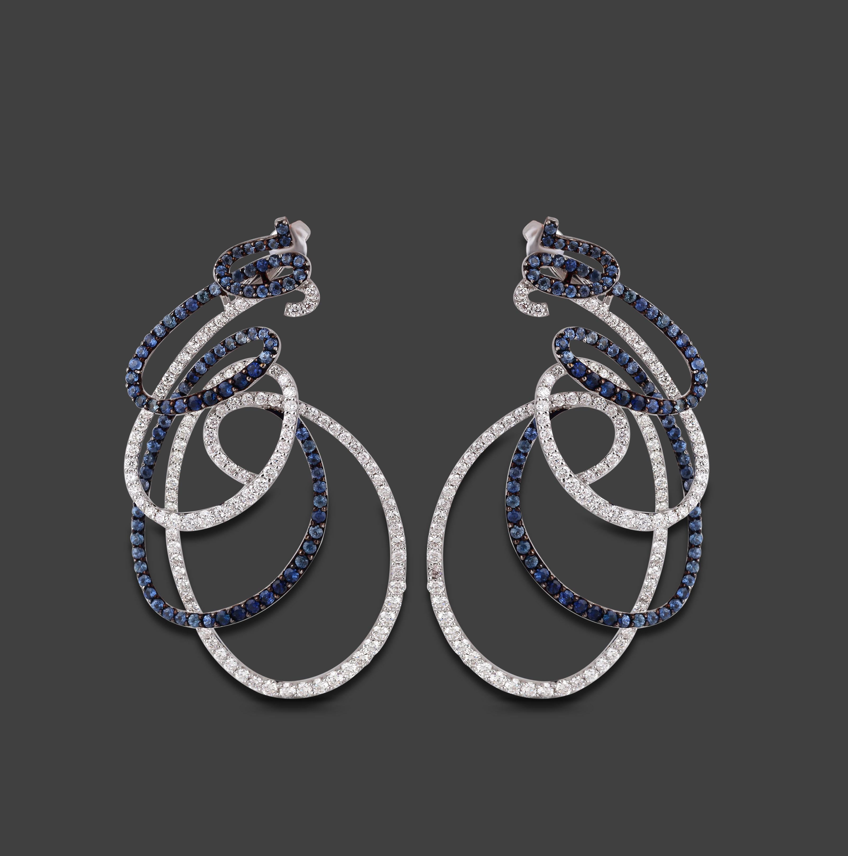 Women's Studio Rêves Spiral Blue Sapphire and Diamond Dangling Earrings in 18 Karat Gold For Sale