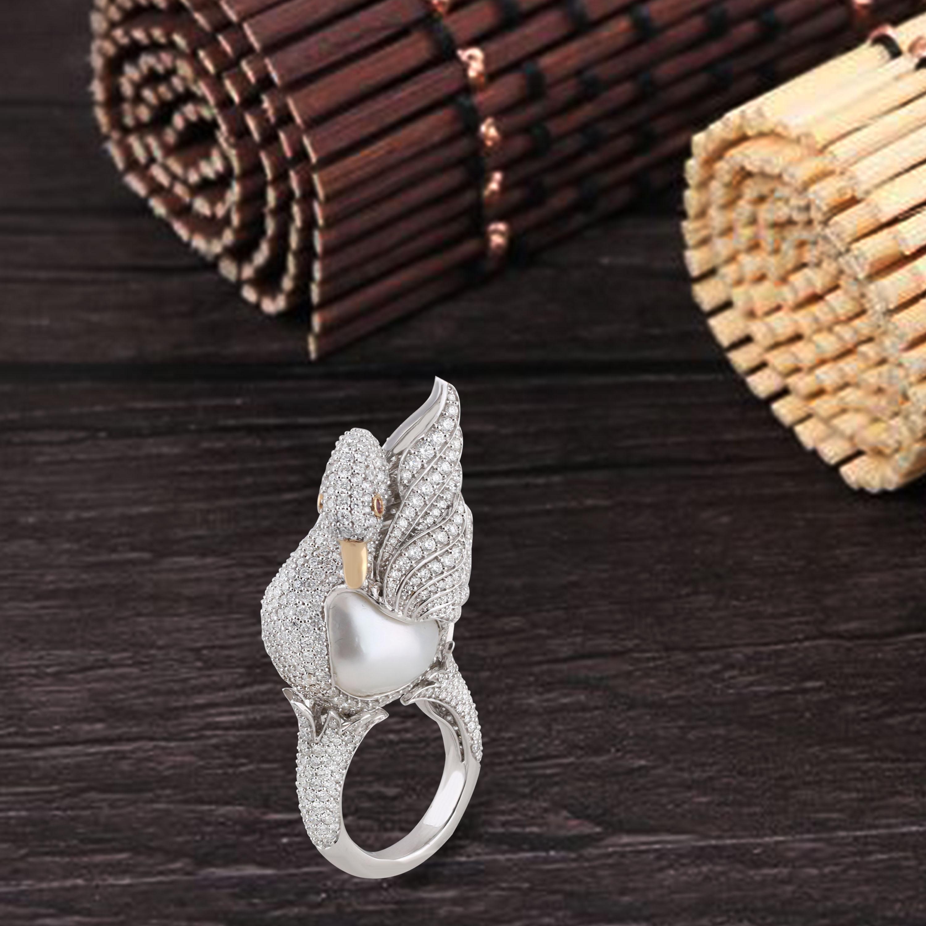 Studio Rêves Swan Cocktail Ring in 18 Karat Gold with Diamonds and Pearl For Sale 3