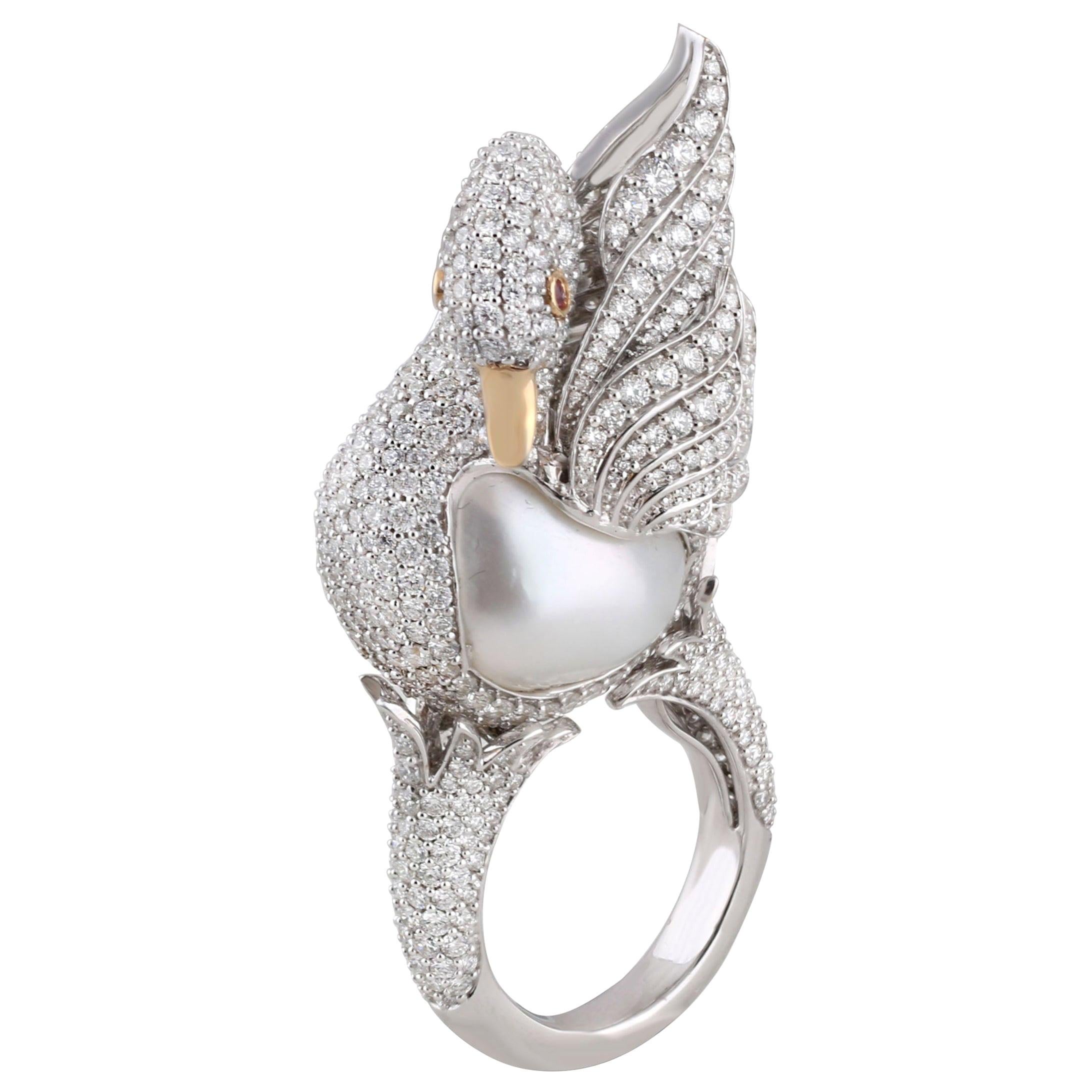 Studio Rêves Swan Cocktail Ring in 18 Karat Gold with Diamonds and Pearl For Sale