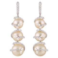 Studio Rêves Swirl Diamond and Pearl Dangling Earrings in 18 Karat Gold