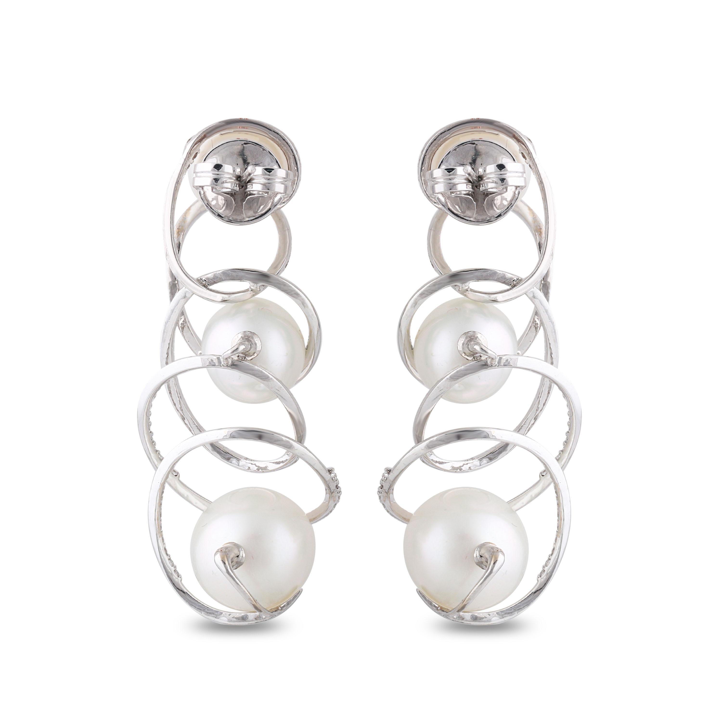 Women's Studio Rêves Swirl Diamond and Pearl Dangling Earrings in 18 Karat White Gold For Sale