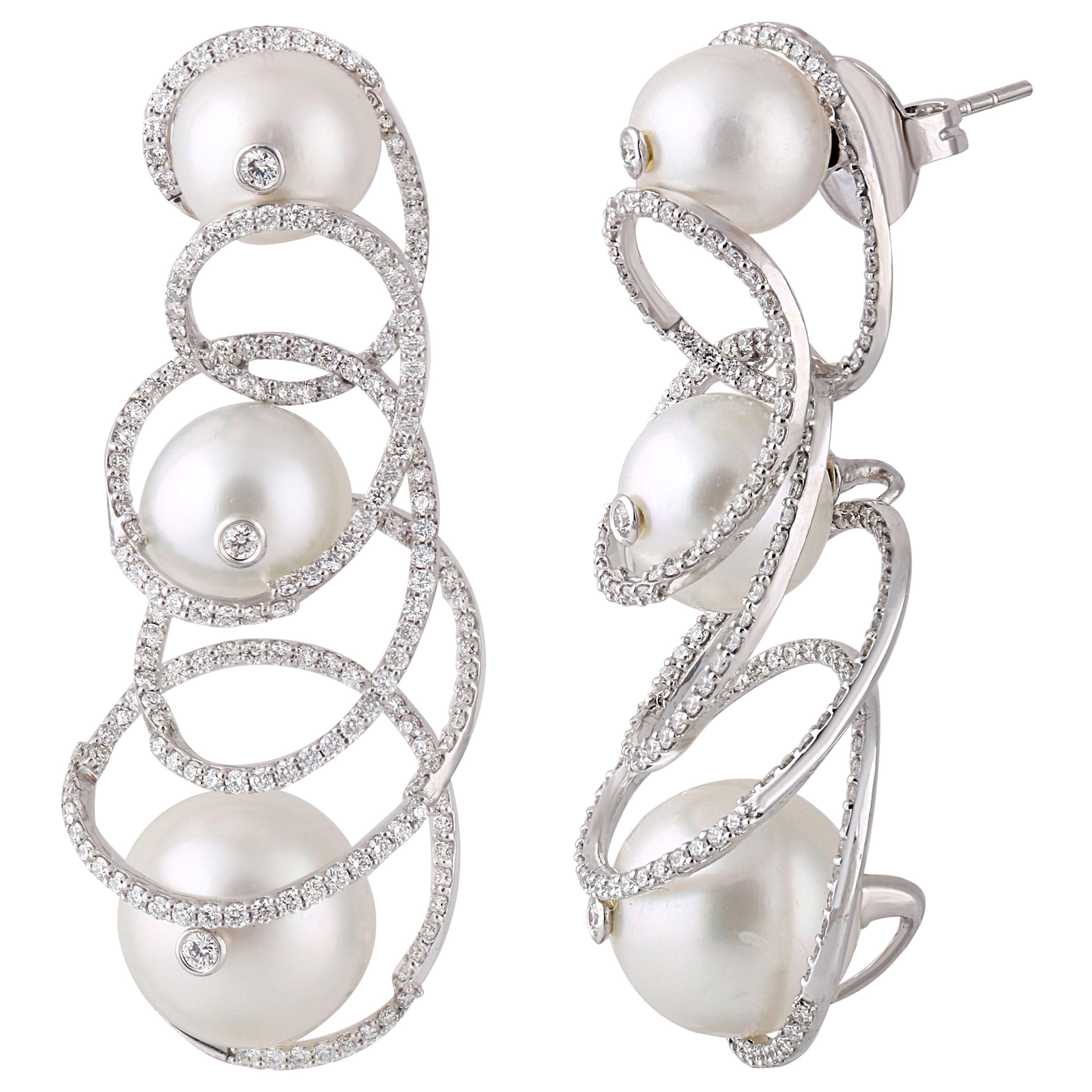 Studio Rêves Swirl Diamond and Pearl Dangling Earrings in 18 Karat White Gold For Sale