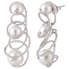 Studio Rêves Swirl Diamond and Pearl Dangling Earrings in 18 Karat White Gold