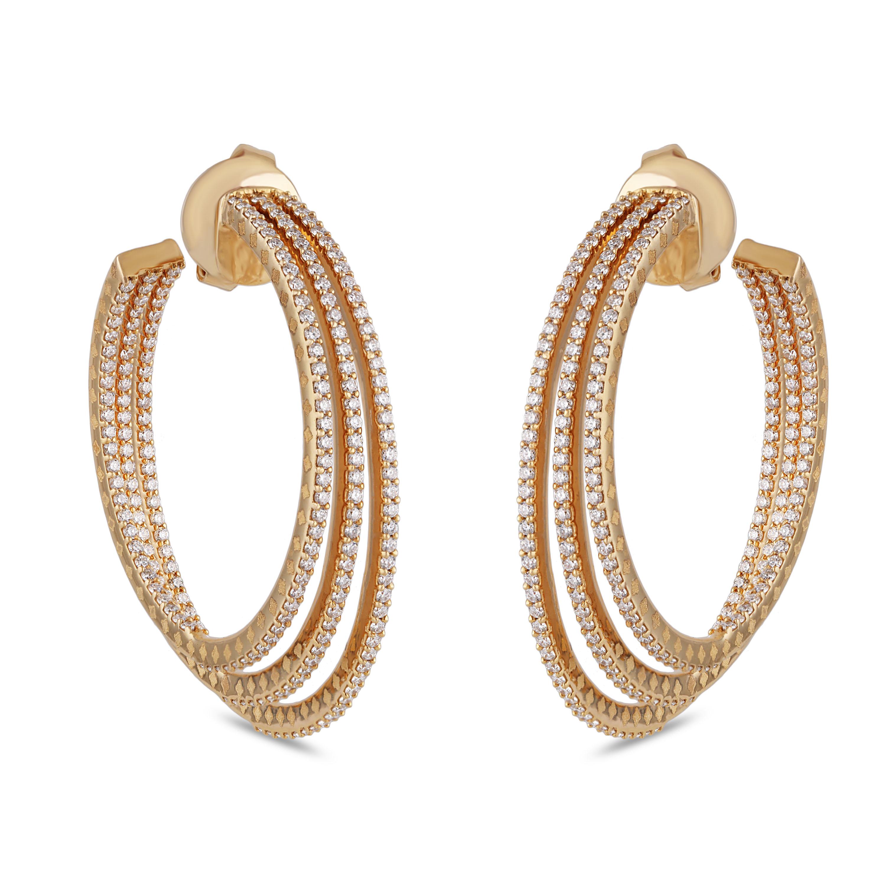 Round Cut Studio Rêves Three Line Round Diamond Hoop Earrings in 18 Karat Yellow Gold For Sale