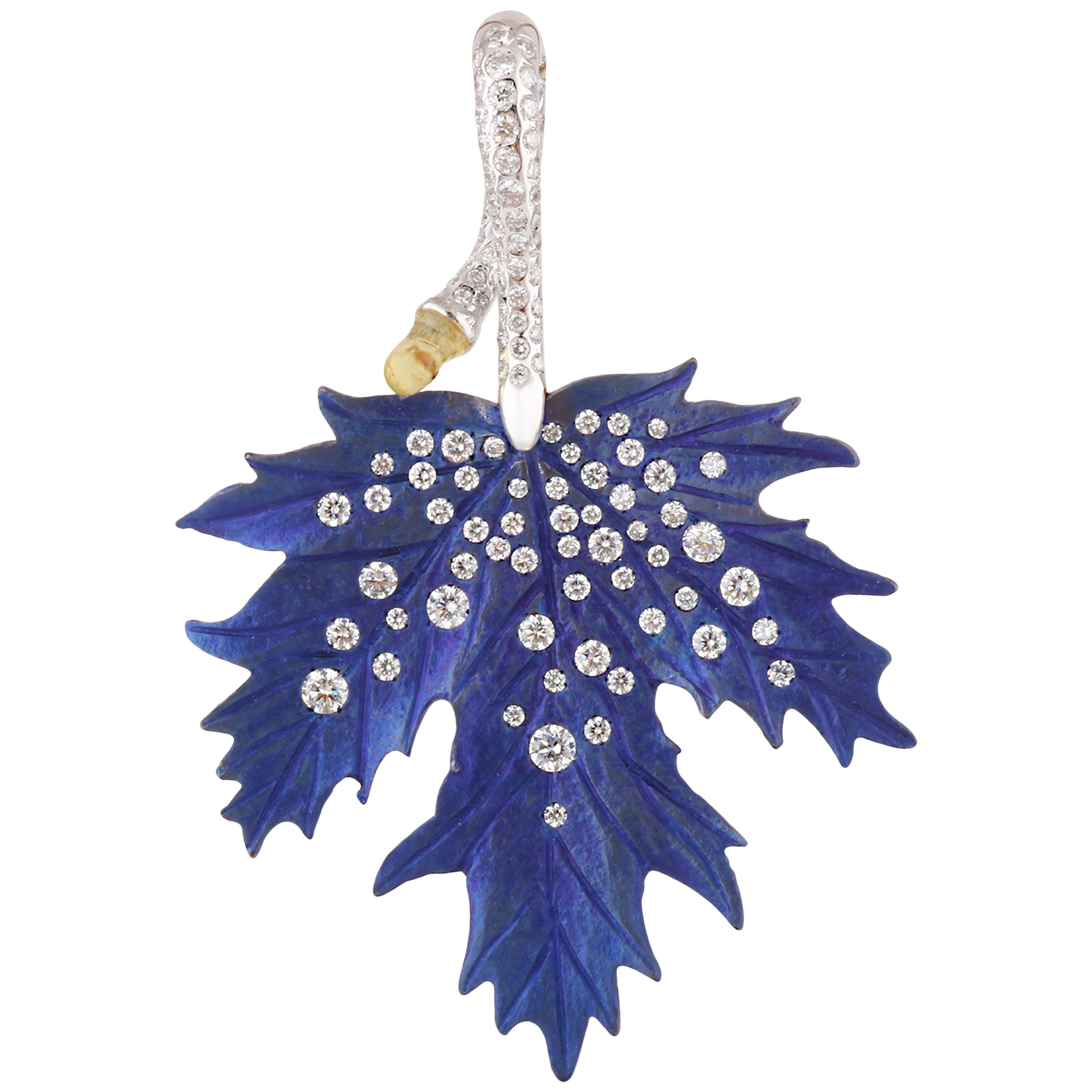 Studio Rêves Titanium and 18 Karat Rose Gold Autumn Leaf Pendant with Diamonds