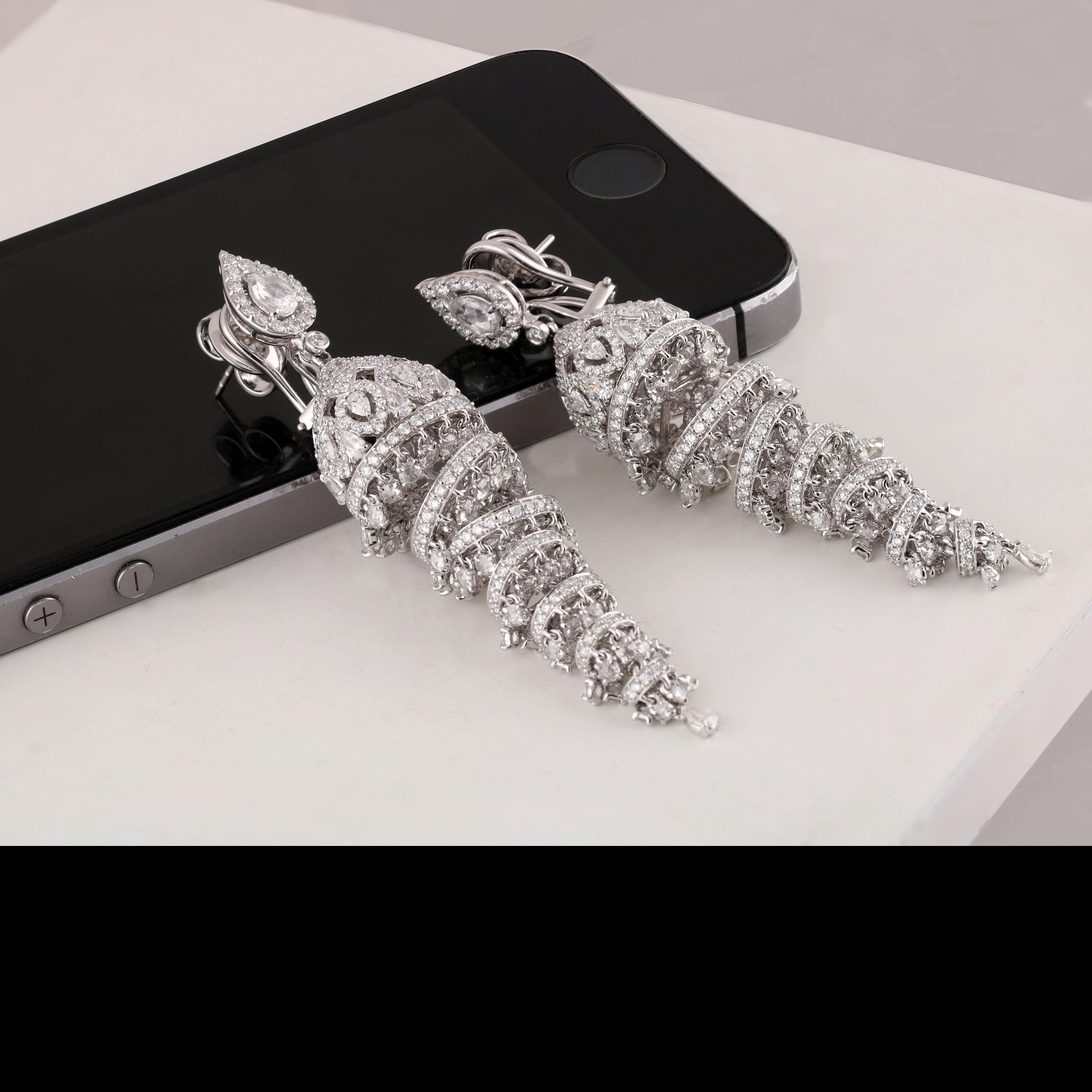 Rose Cut Studio Rêves Tornado Chandelier Diamond Studded Earrings in 18 Karat White Gold For Sale