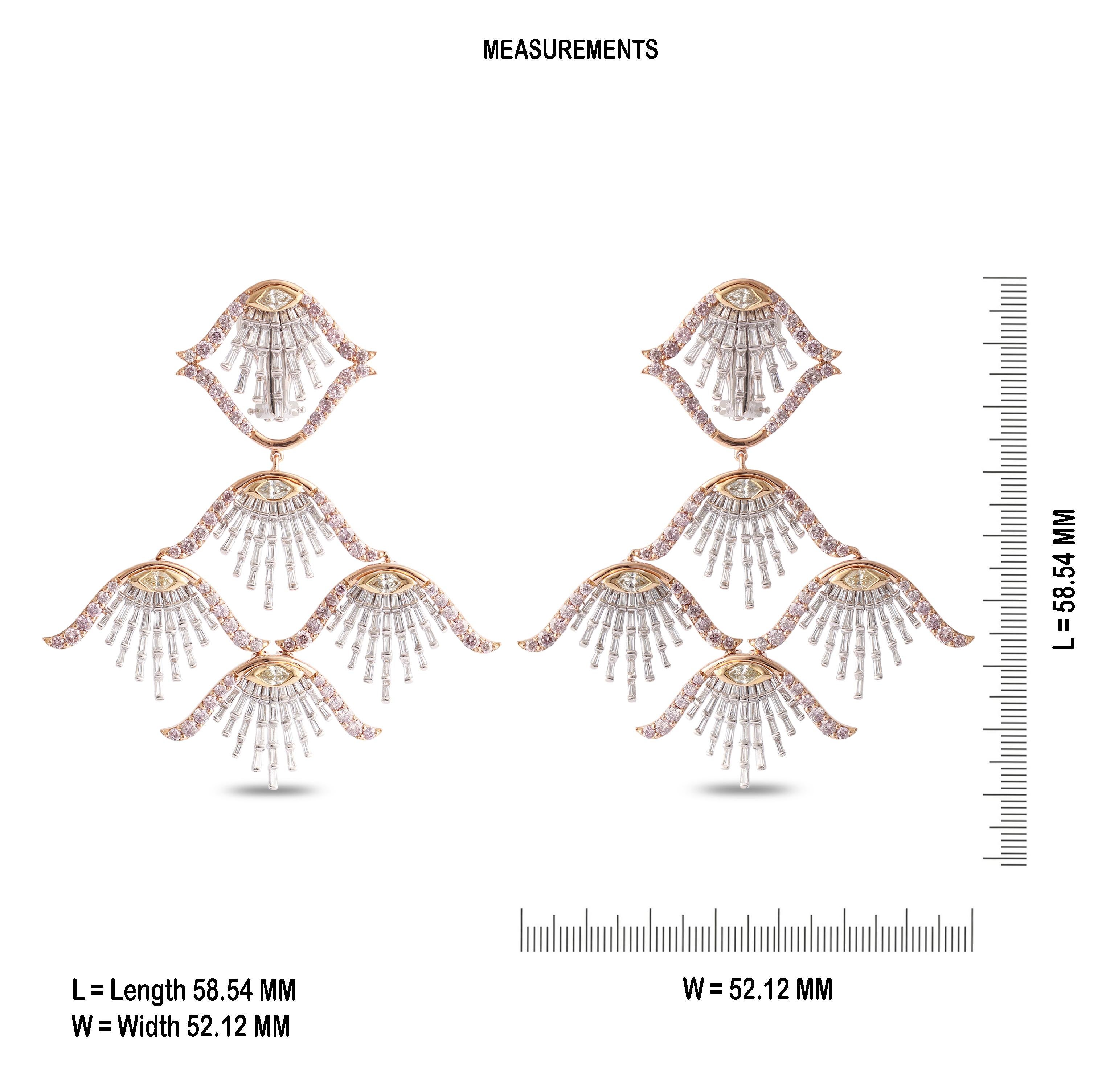 Tapered Baguette Studio Rêves Tri-Color Sea Shell Dangling Earrings in 18 Karat Gold For Sale