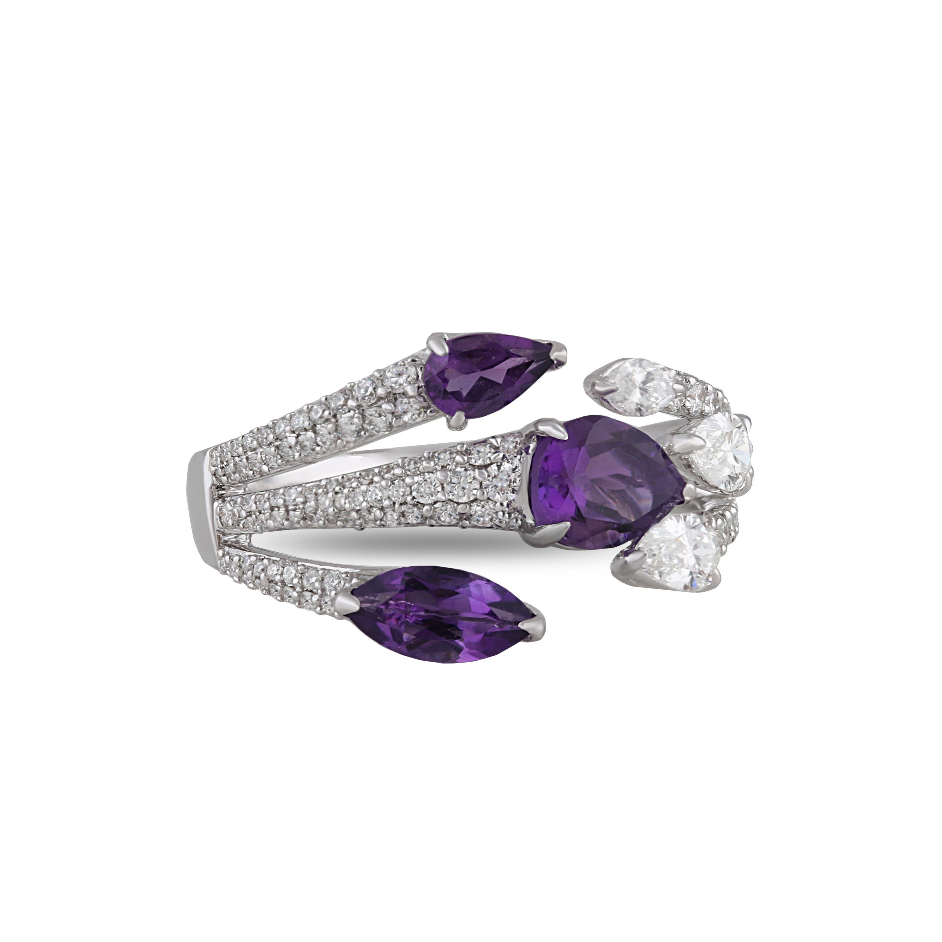 Pear Cut Studio Rêves Trident Amethyst and Diamonds Ring in 18 Karat Gold For Sale