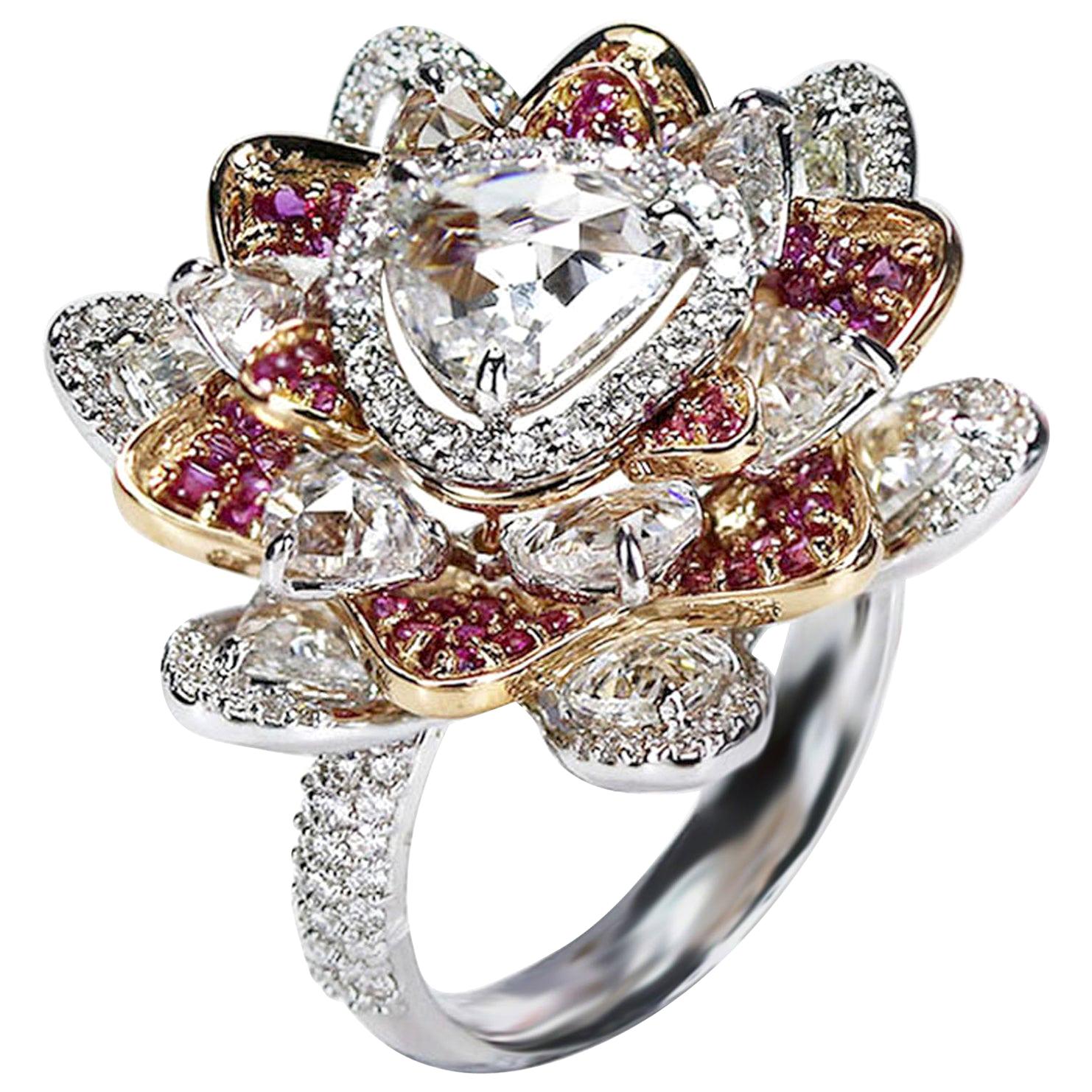 Studio Rêves Trillion Rose Cut Diamonds and Pink Sapphire Ring in 18 Karat Gold For Sale