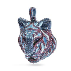 Studio Rêves Ciondolo Unisex Tigre in Titanio con Zaffiri Rosa, Blu e Rubino