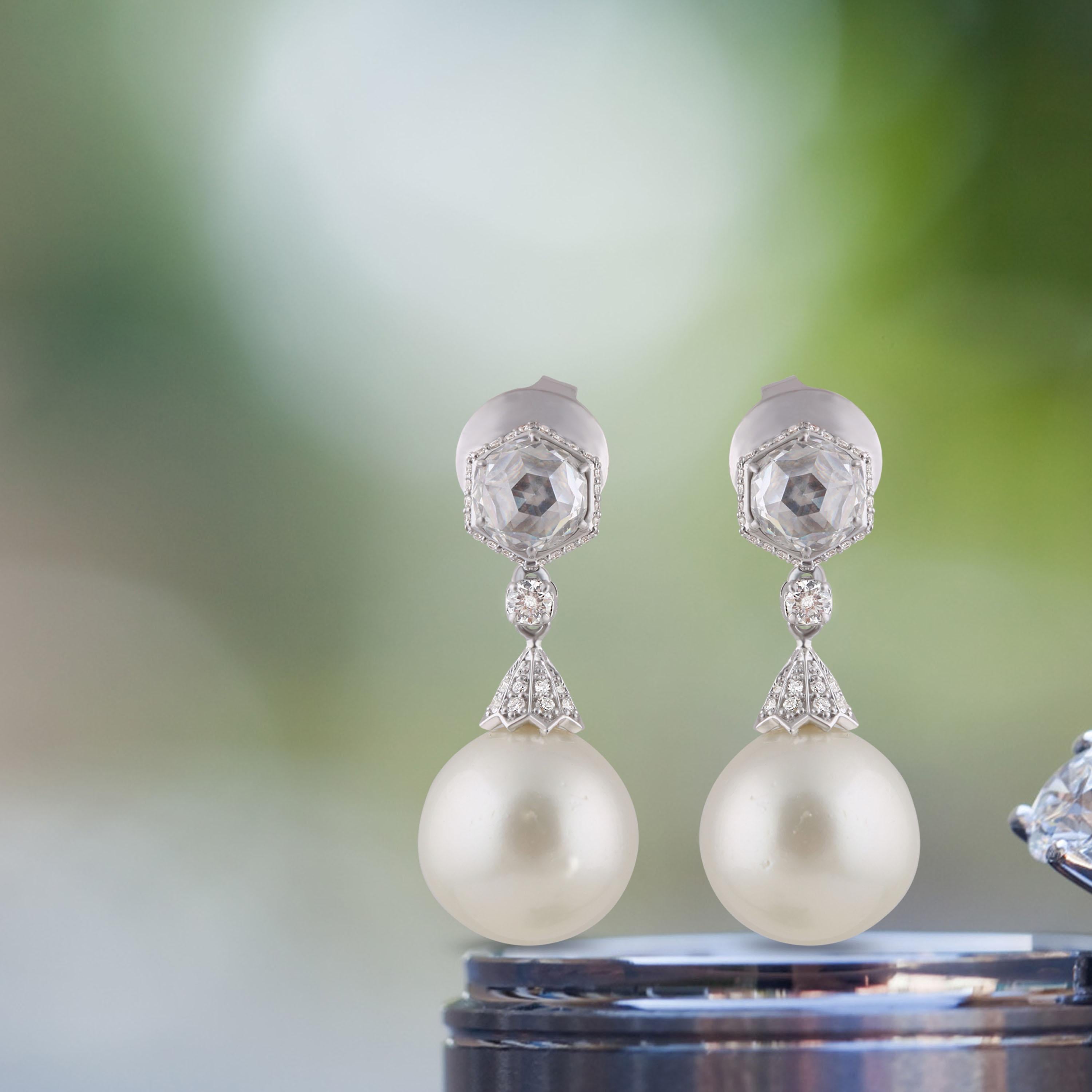 Studio Rêves Vintage Drop Earrings with Diamonds and Pearls in 18 Karat Gold For Sale 1