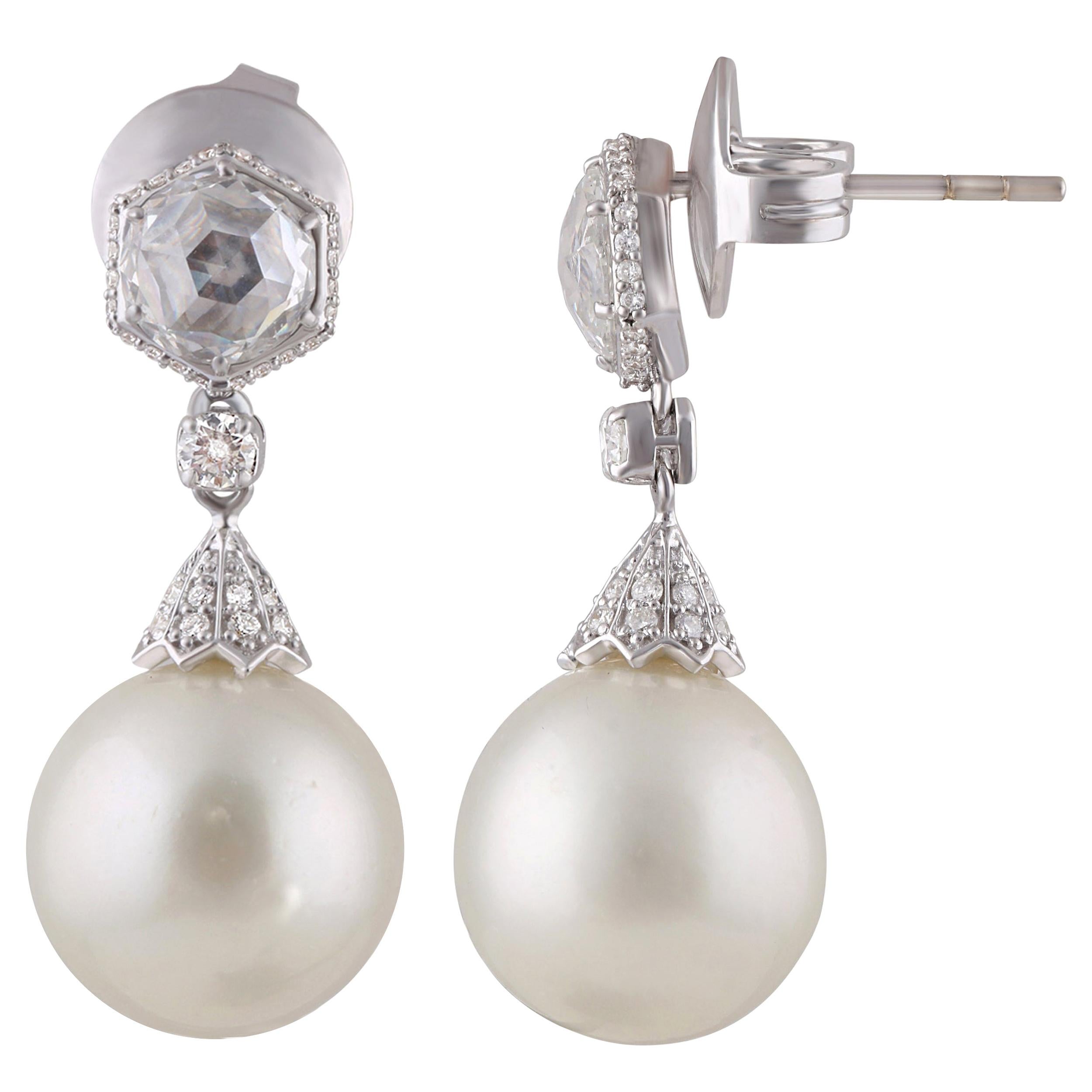 Studio Rêves Vintage Drop Earrings with Diamonds and Pearls in 18 Karat Gold For Sale