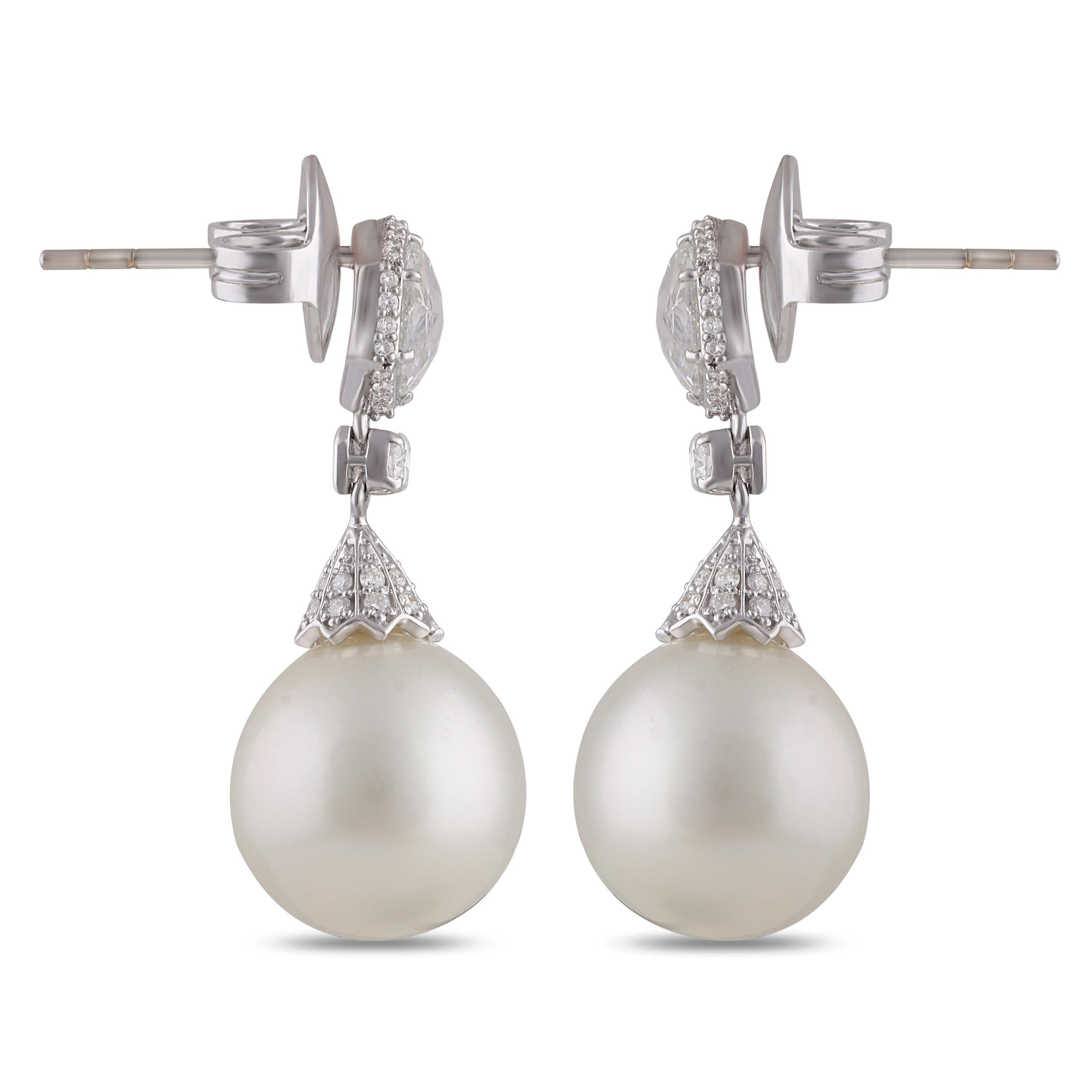 Rose Cut Studio Rêves Vintage Drop Earrings with Diamonds and Pearls in 18 Karat Gold For Sale