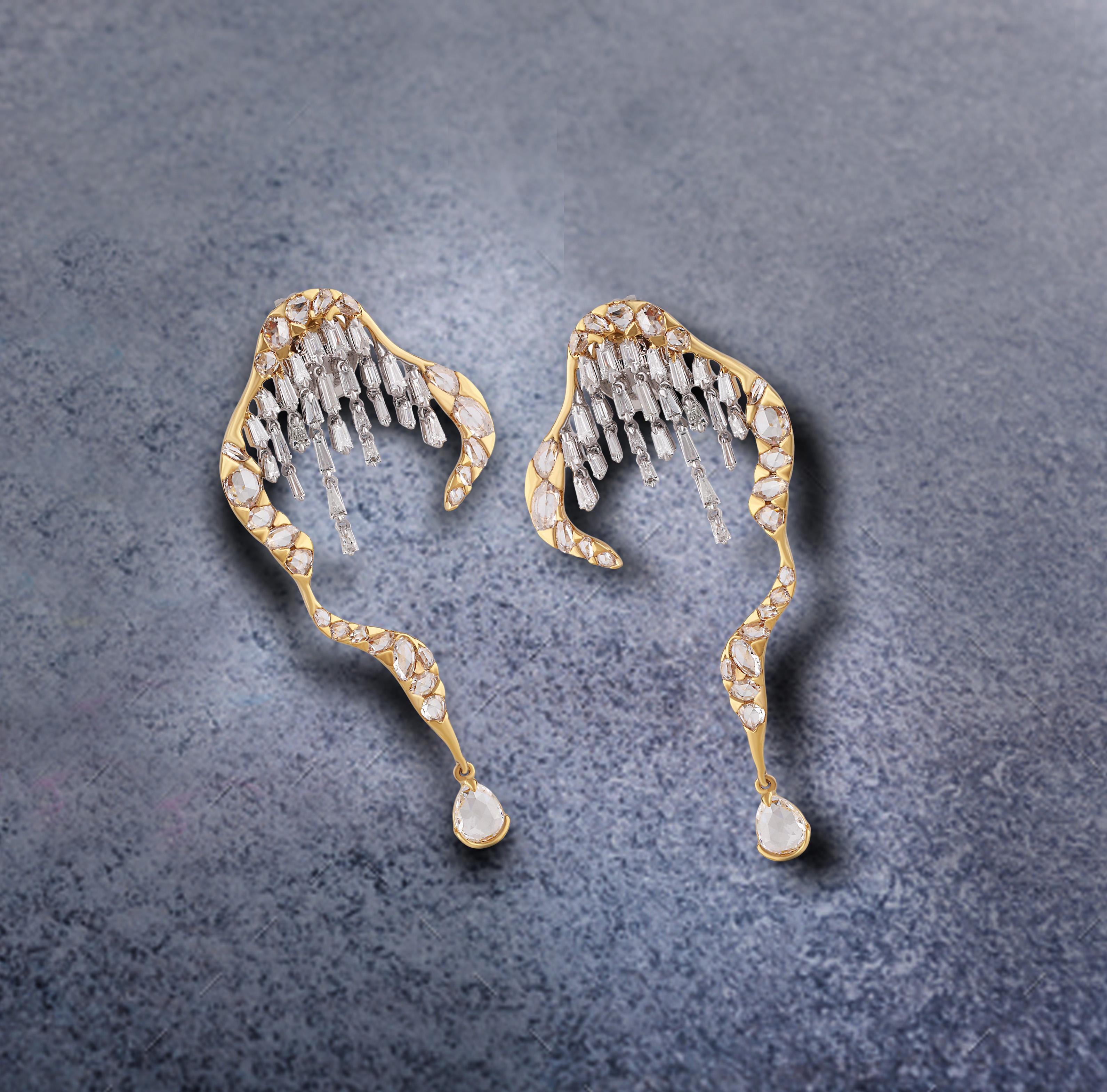 Studio Rêves Waterfall Rosecut Diamond Earrings in 18 Karat Gold For Sale 3