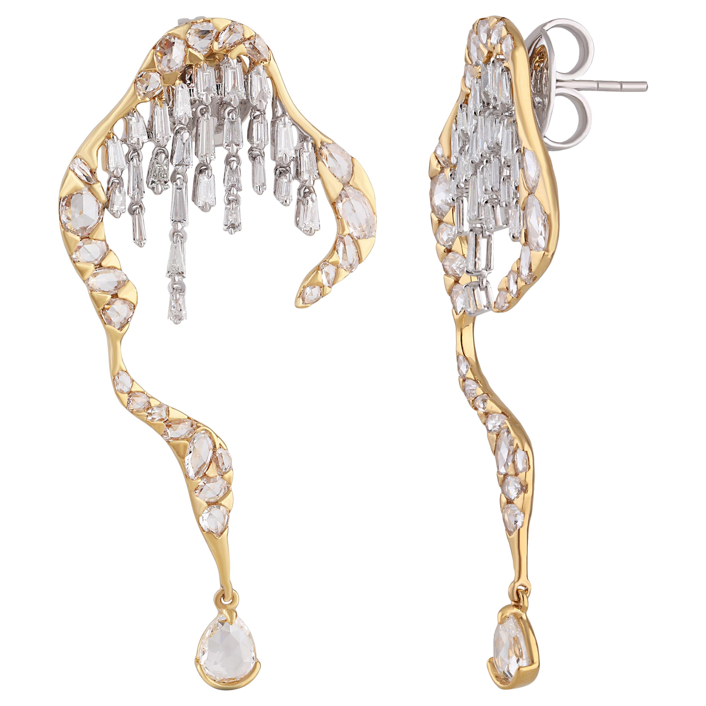 Studio Rêves Waterfall Rosecut Diamond Earrings in 18 Karat Gold For Sale