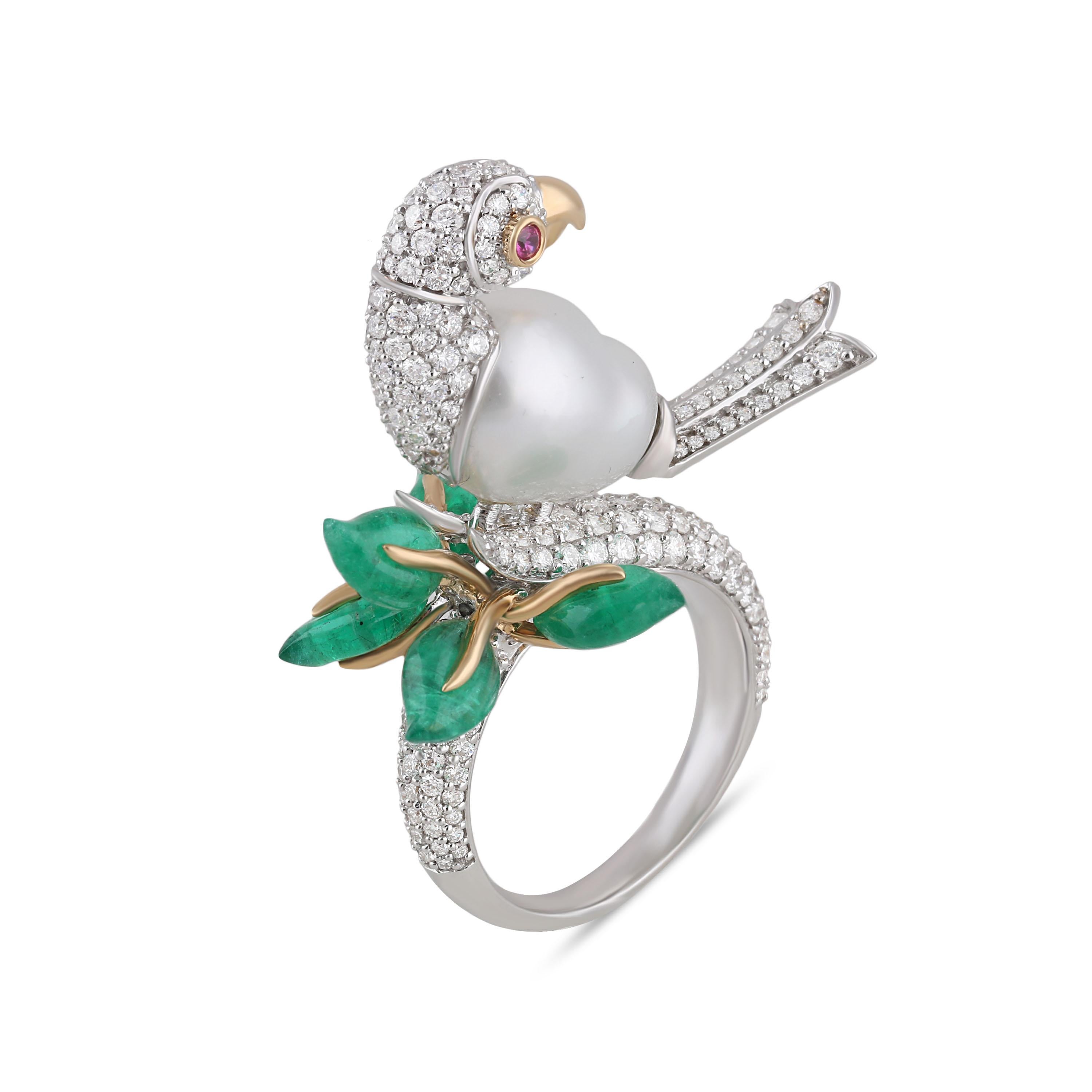 Contemporary Studio Rêves White Ring-Neck Parrot Cocktail Ring in 18 Karat Gold For Sale