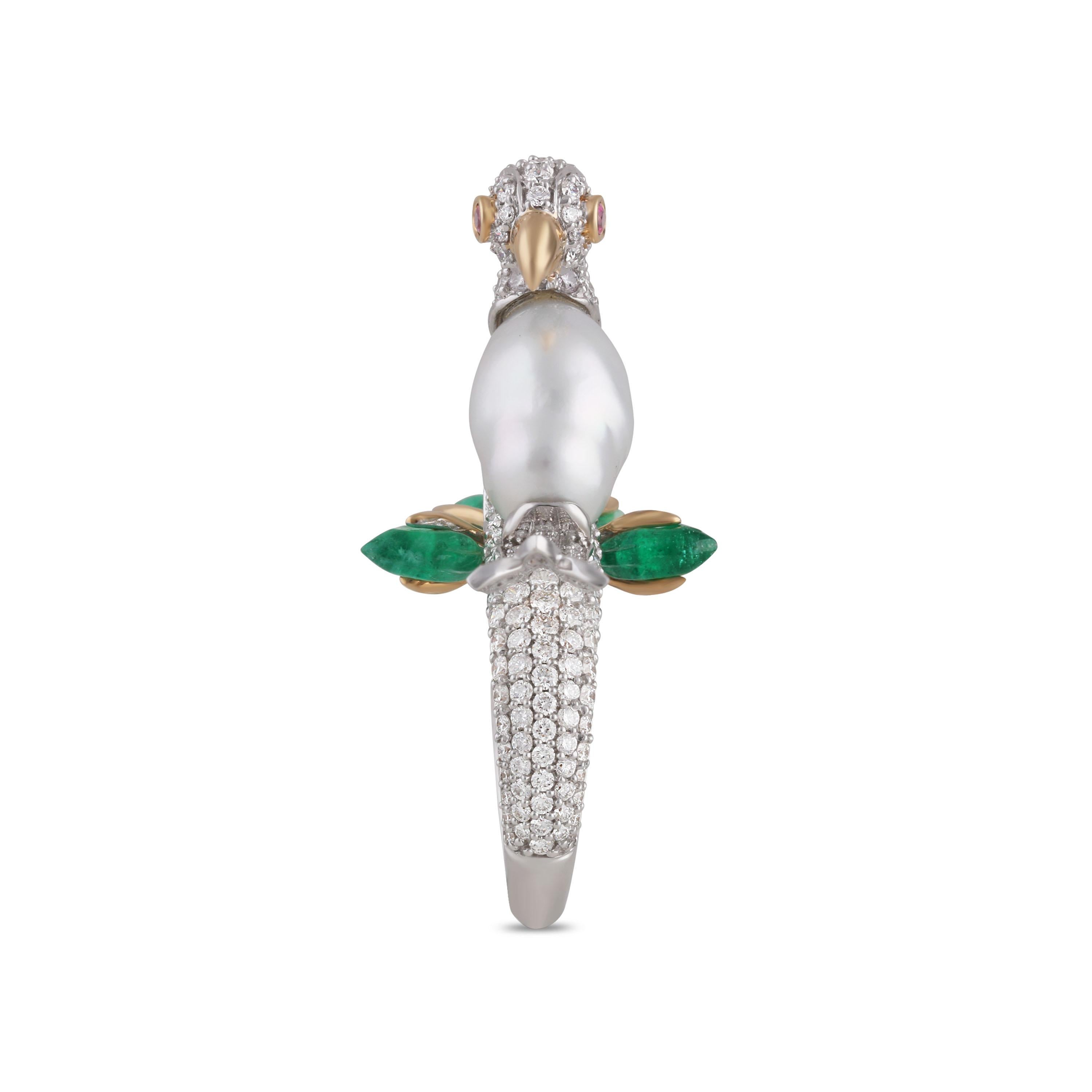 Round Cut Studio Rêves White Ring-Neck Parrot Cocktail Ring in 18 Karat Gold For Sale