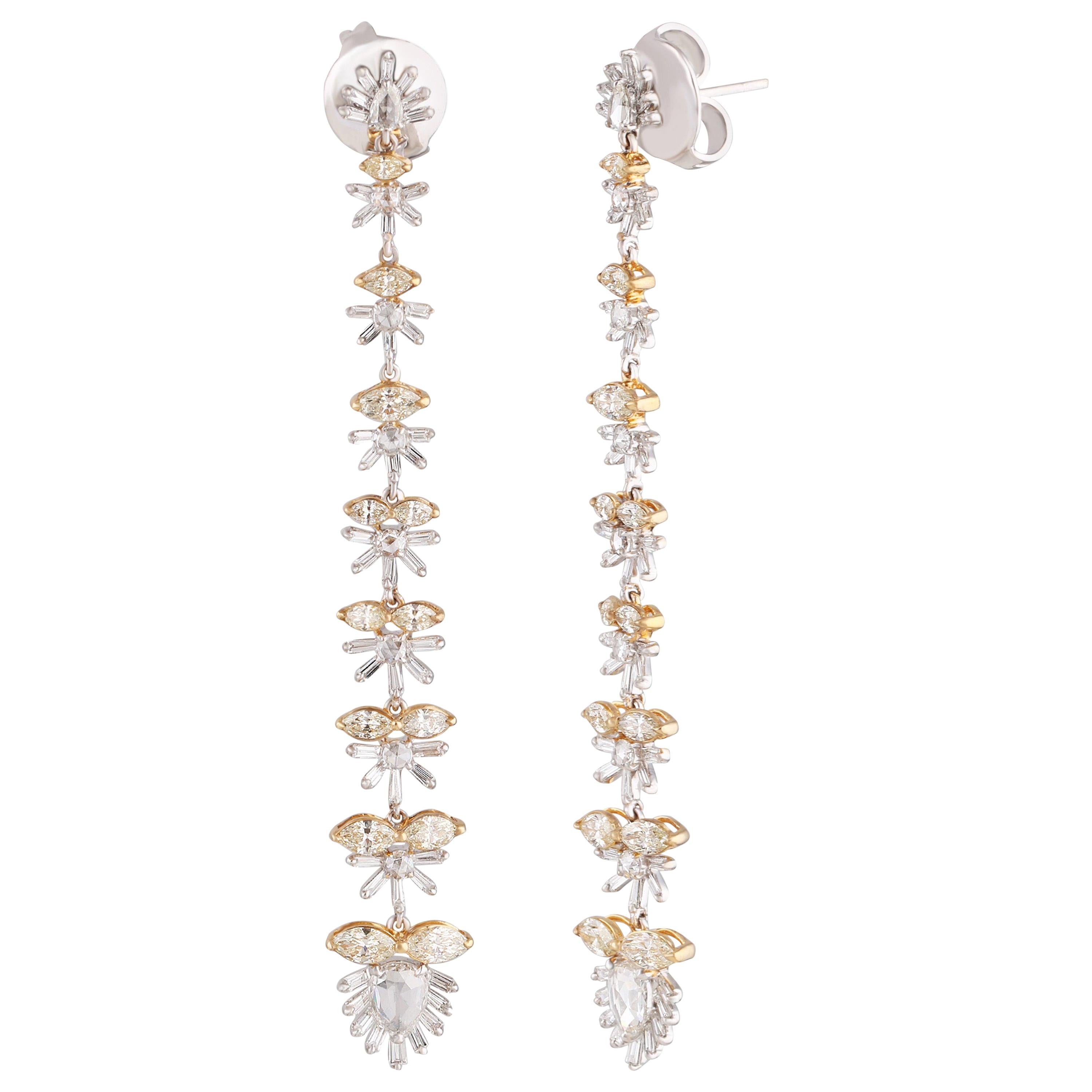 Studio Rêves Boucles d'oreilles pendantes élégantes en or 18 carats et diamants jaunes et blancs