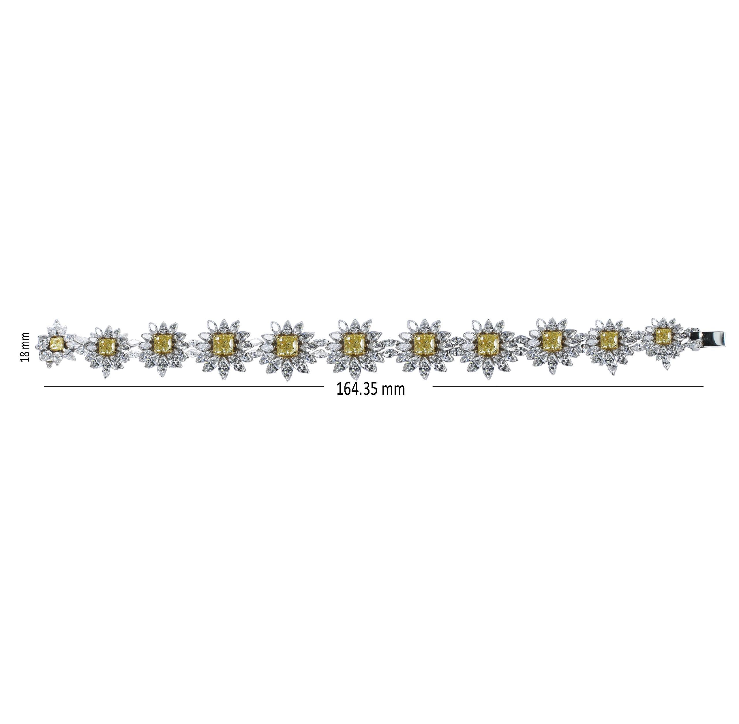 Studio Rêves Yellow Cushion Cut and Diamonds Floral Tennis Bracelet in 18K Gold In New Condition In Mumbai, Maharashtra
