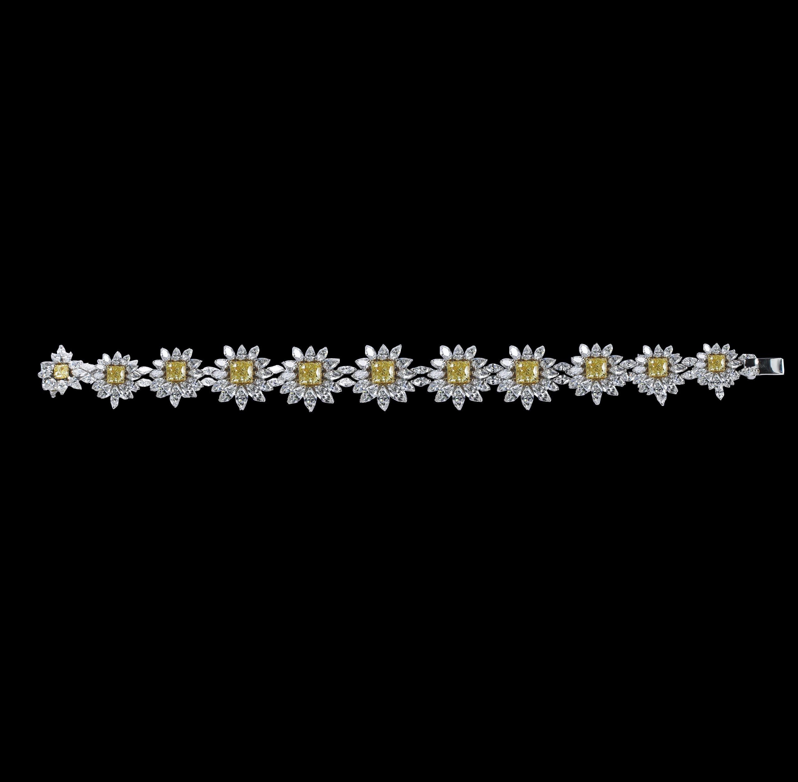 Women's Studio Rêves Yellow Cushion Cut and Diamonds Floral Tennis Bracelet in 18K Gold