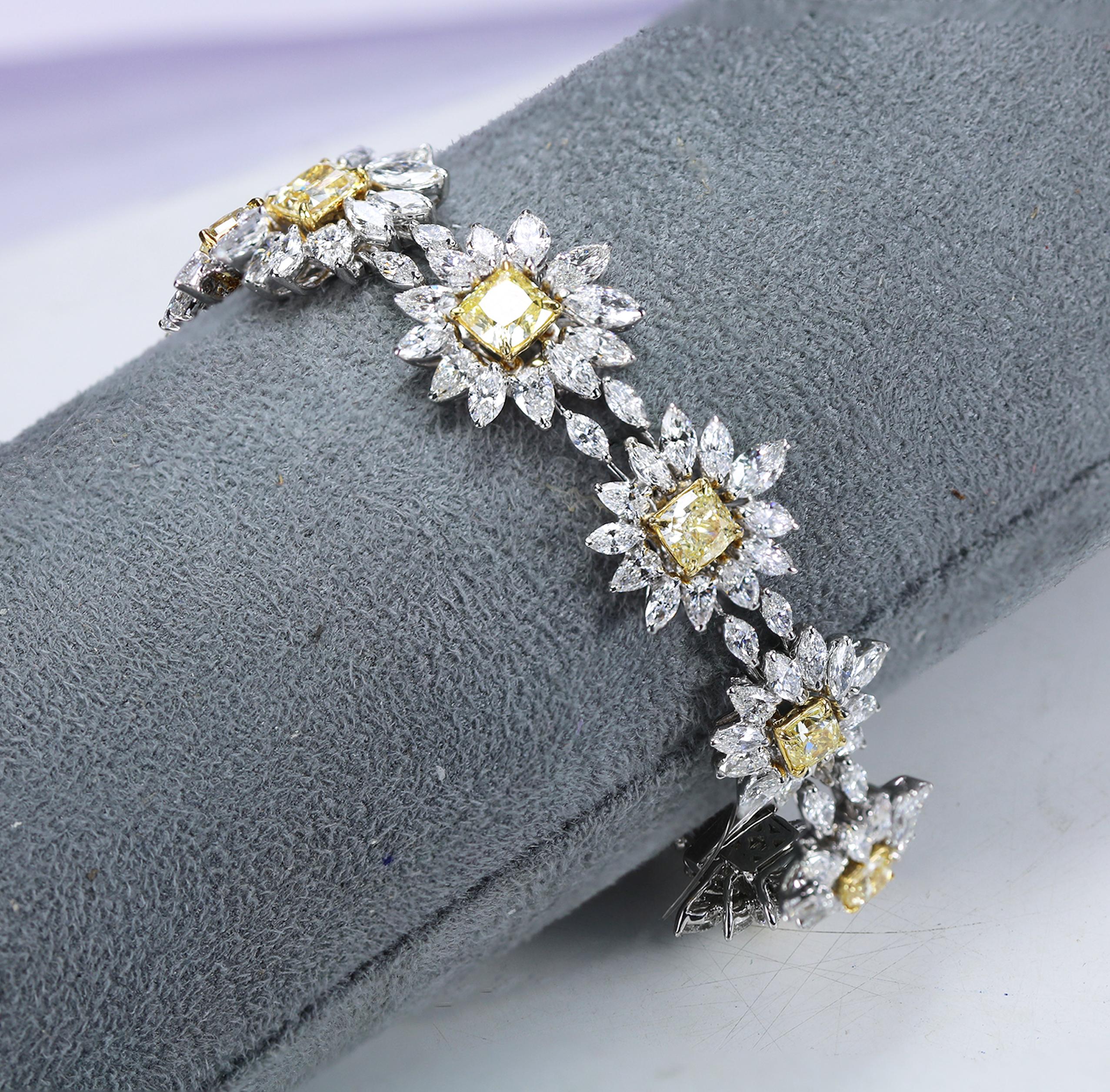 Studio Rêves Yellow Cushion Cut and Diamonds Floral Tennis Bracelet in 18K Gold 1