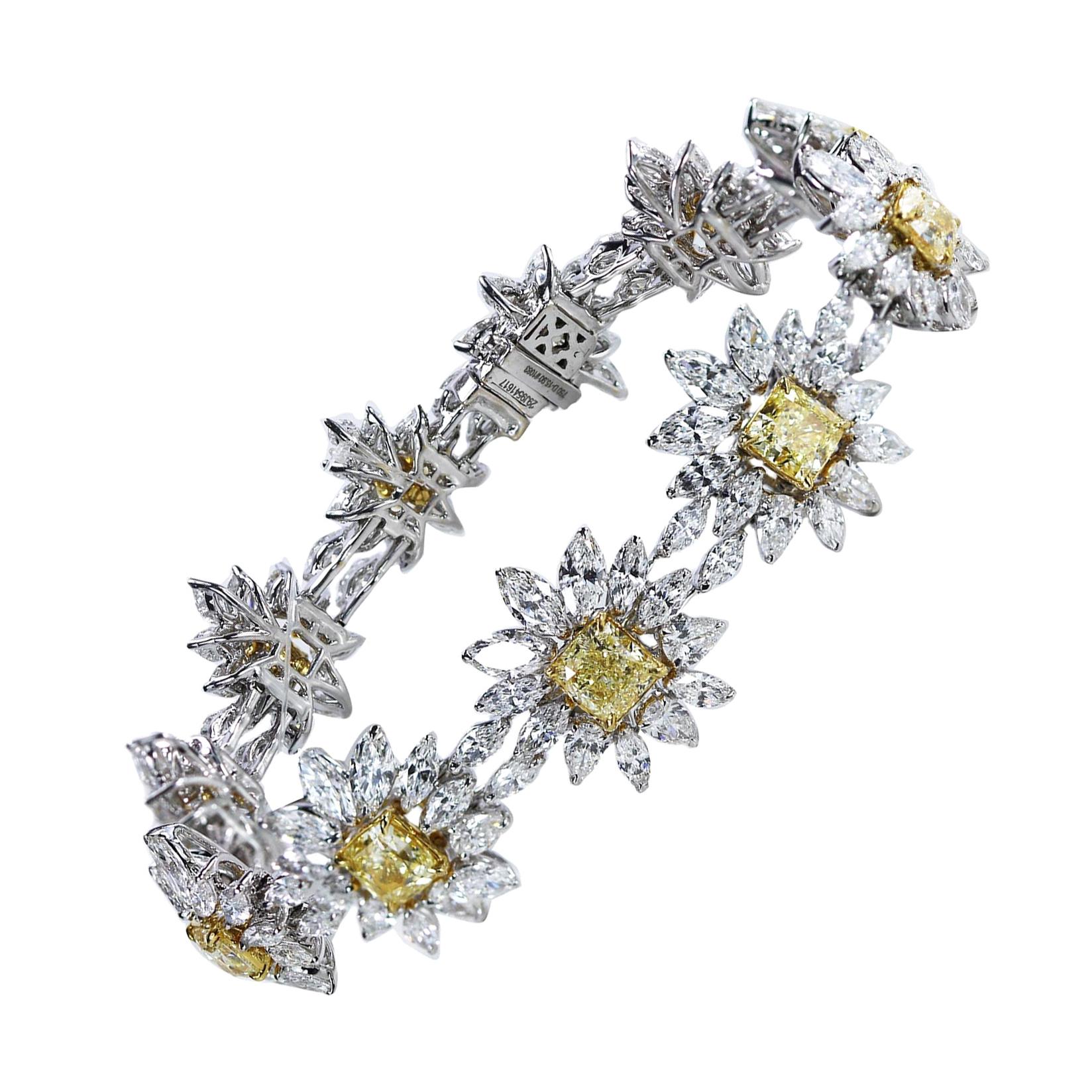Studio Rêves Yellow Cushion Cut and Diamonds Floral Tennis Bracelet in 18K Gold