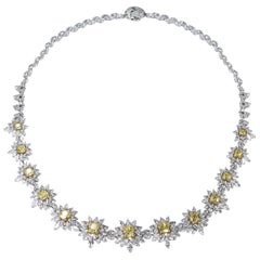 Studio Rêves Yellow Cushion Cut and White Diamonds Floral Necklace in 18K Gold