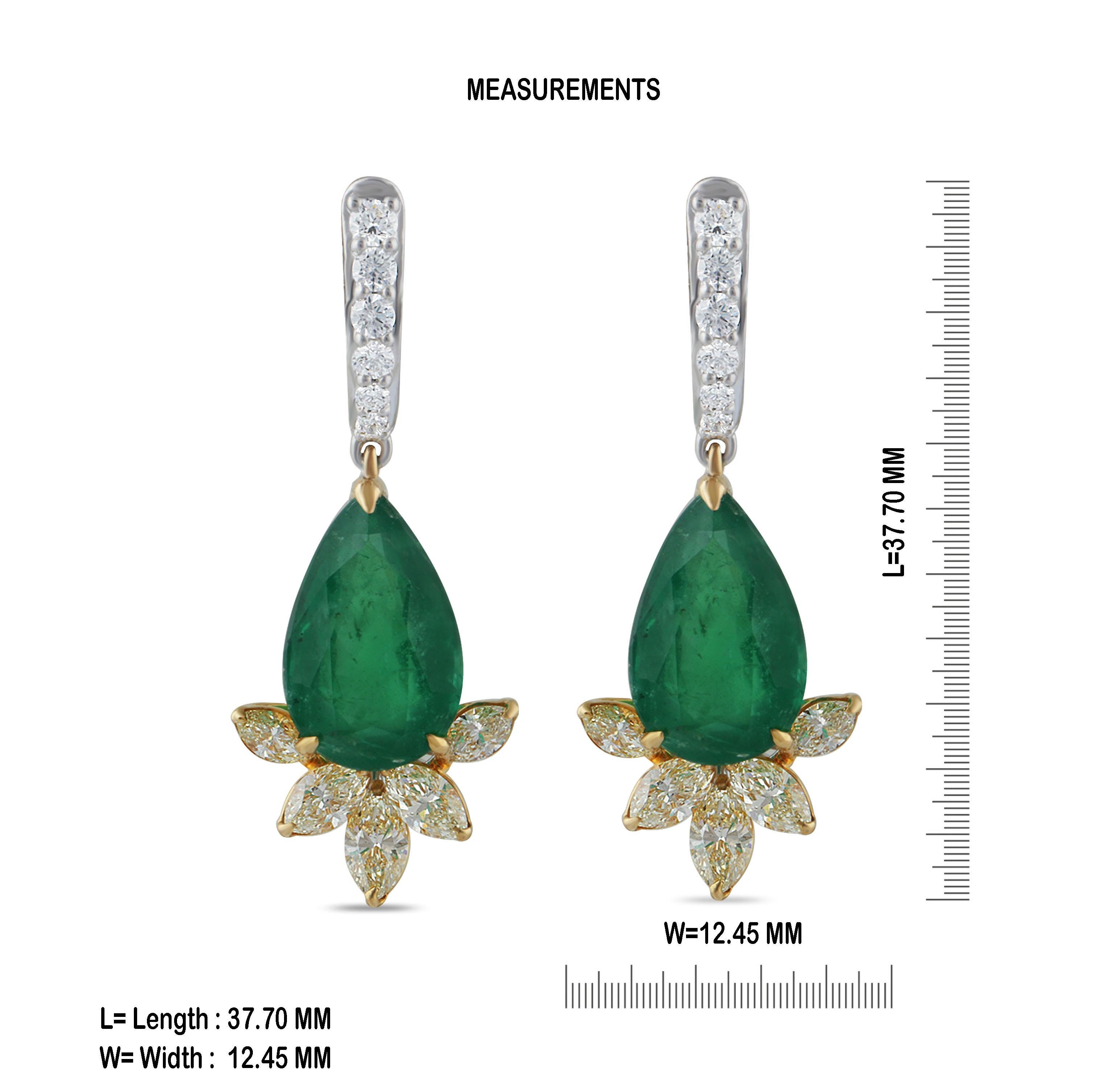 Studio Rêves Yellow Marquise and Emeralds Drop Earrings in 18 Karat Gold In New Condition For Sale In Mumbai, Maharashtra