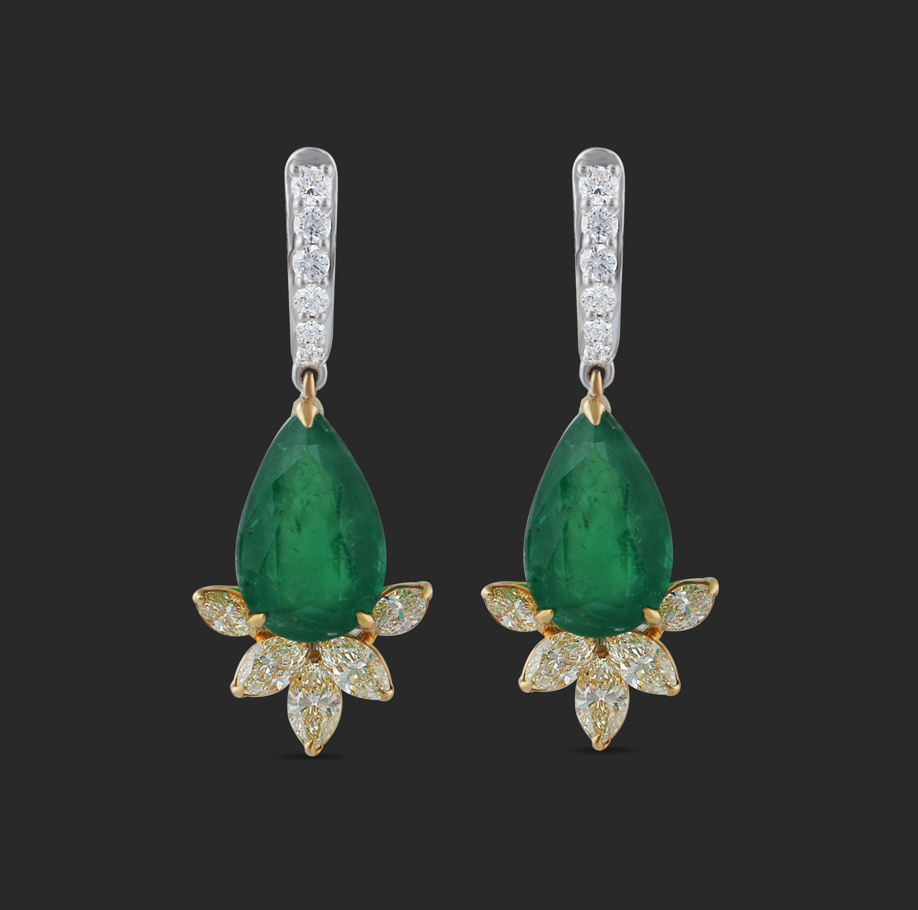 Studio Rêves Yellow Marquise and Emeralds Drop Earrings in 18 Karat Gold For Sale 3