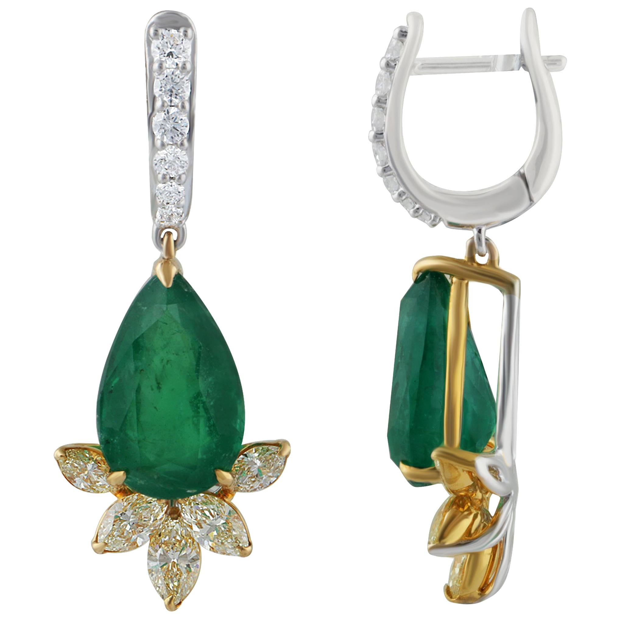 Studio Rêves Yellow Marquise and Emeralds Drop Earrings in 18 Karat Gold For Sale