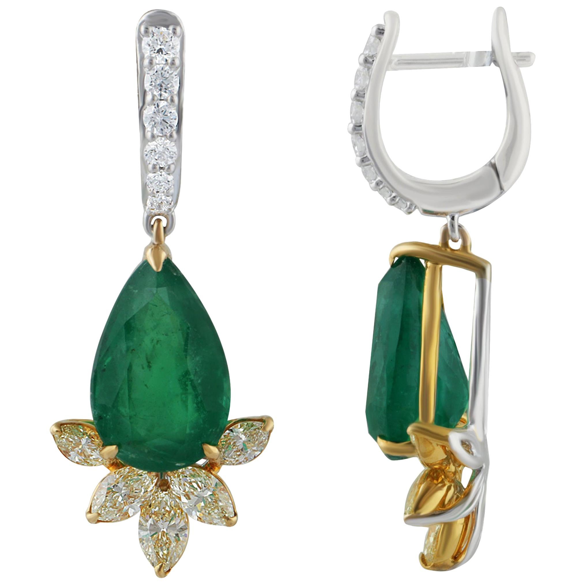 Studio Rêves - Orecchini a leva con smeraldi e marquise gialla in oro 18 kt. in vendita