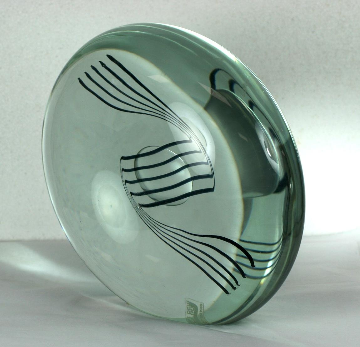 Studio Seguso Arte Vetro sculpture of pale sea green toned glass with internally striped black ribbon pattern with a frosted central bubble. 1970's old stock from the Seguso showroom.
Marked Studio Seguso Arte with original labels intact.