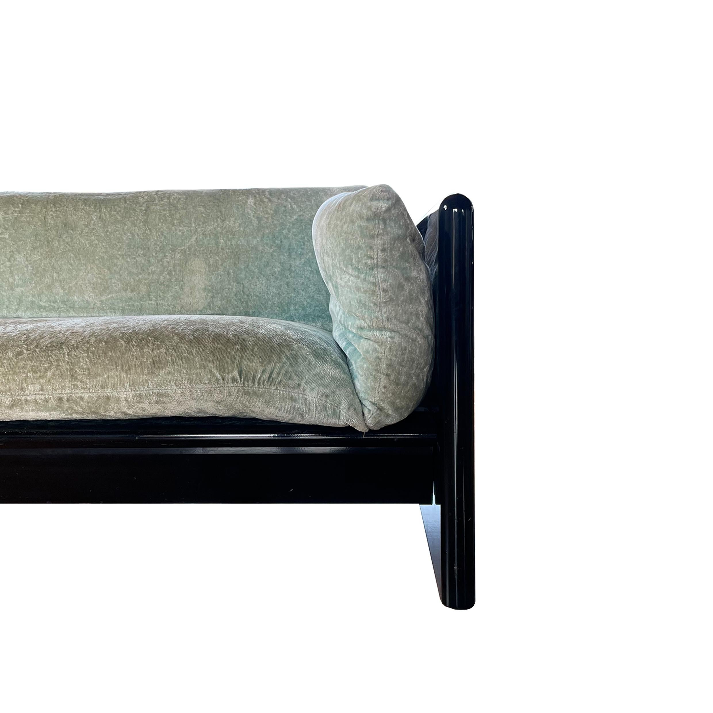 Mid-Century Modern Studio Simon Black Wood and Azure Velvet Two-Seater “Simone” Sofa, Italy, 1975 For Sale