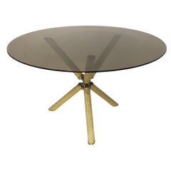 Table de salle à manger Studio Smania Briar Wood Smoked Glass Round Brass 1970s Hollywood