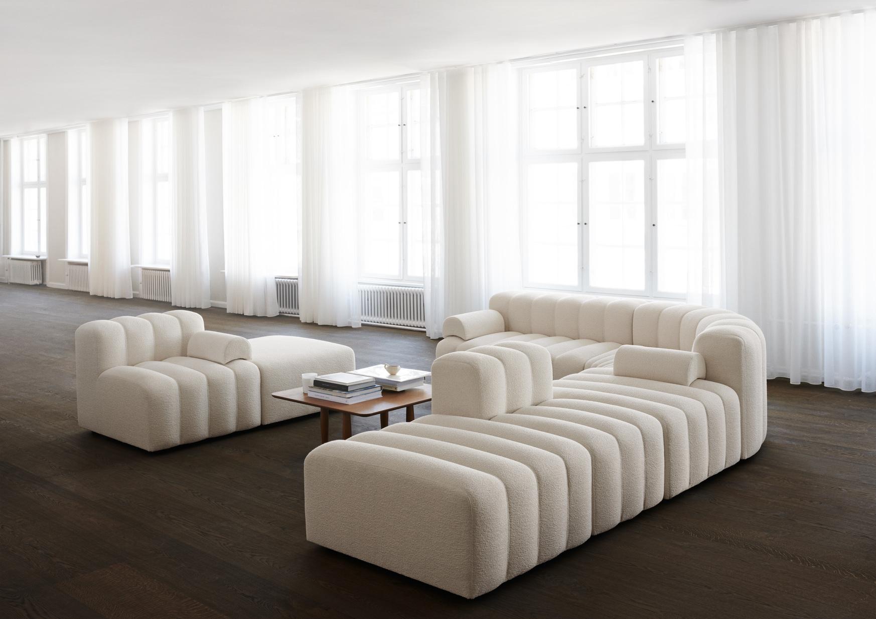 Studio sofa by Kristian Sofus Hansen & Tommy Hyldahl for Nor11

Setup 1 (2x medium, 1x ottoman, 1x armrest):
Measures: L 240cm / P 96cm / H 70cm / seating H 42cm

Modular sofa: assemble different modules to create your composition

Wide range of