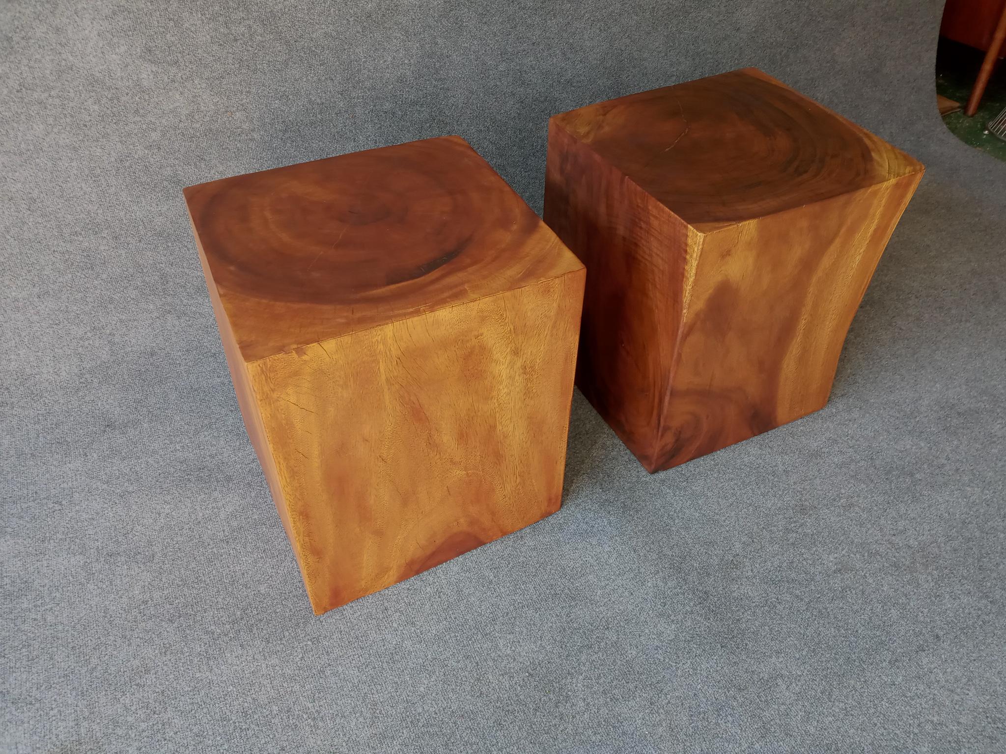 Asian Studio Solid Teak Root Heavy Cube Side or End Tables Mid-Century Inspired For Sale