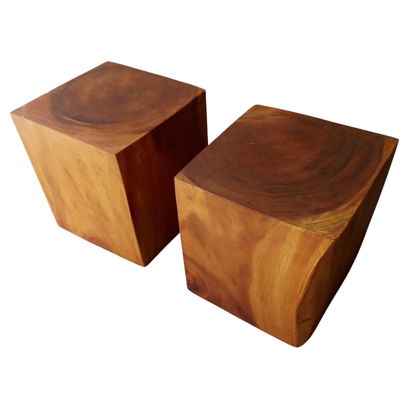 Studio Solid Teak Root Heavy Cube Side or End Tables Mid-Century Inspired For Sale