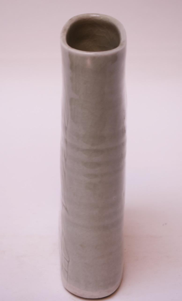 Mid-Century Modern Studio Stoneware Pale Green Floral Vase Signed Pollack, 1976 For Sale