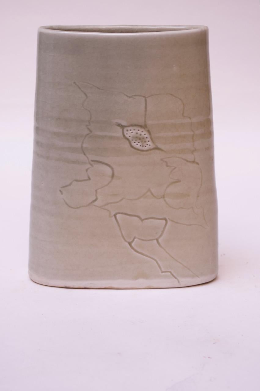 American Studio Stoneware Pale Green Floral Vase Signed Pollack, 1976 For Sale